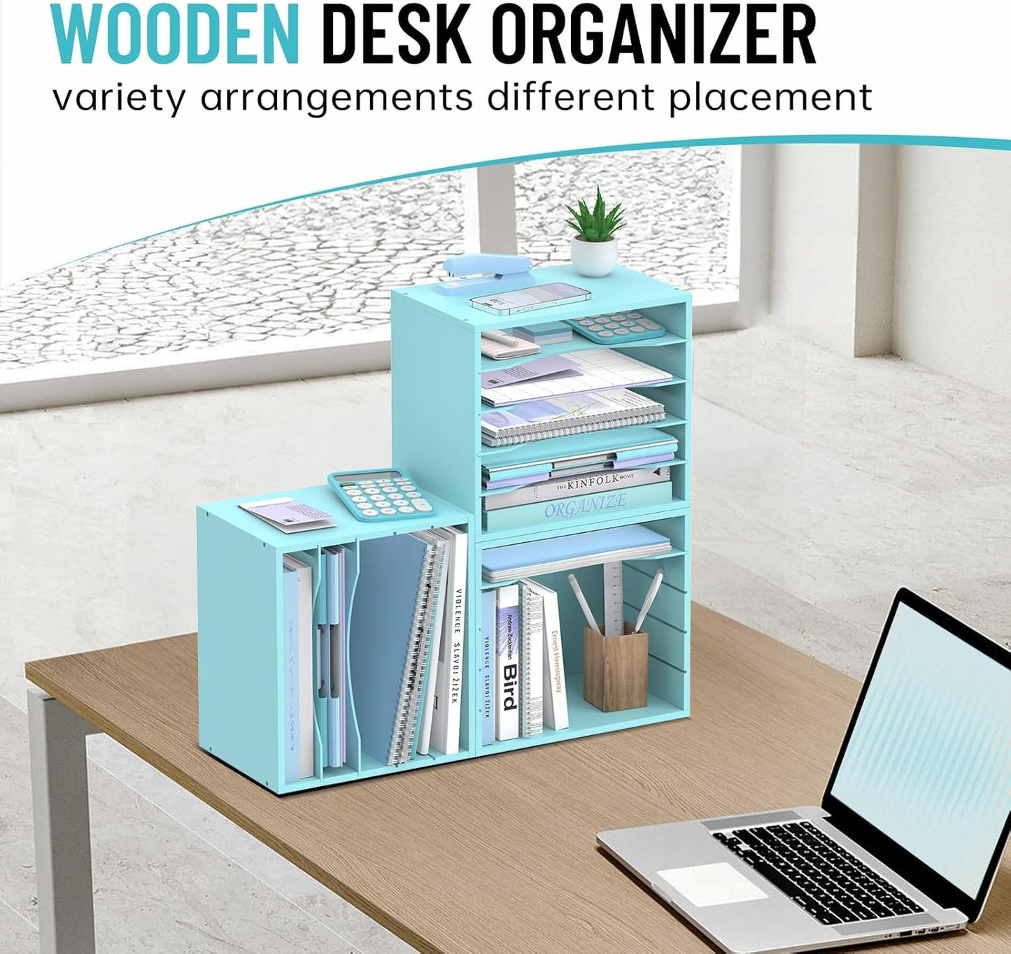 5-Tier Wood Desk Organizer, Paper Tray Organizer for Desk with Adjustable Storage Shelves, Desktop Paper Sorter Mail Holder for Office Home Classroom, Blue