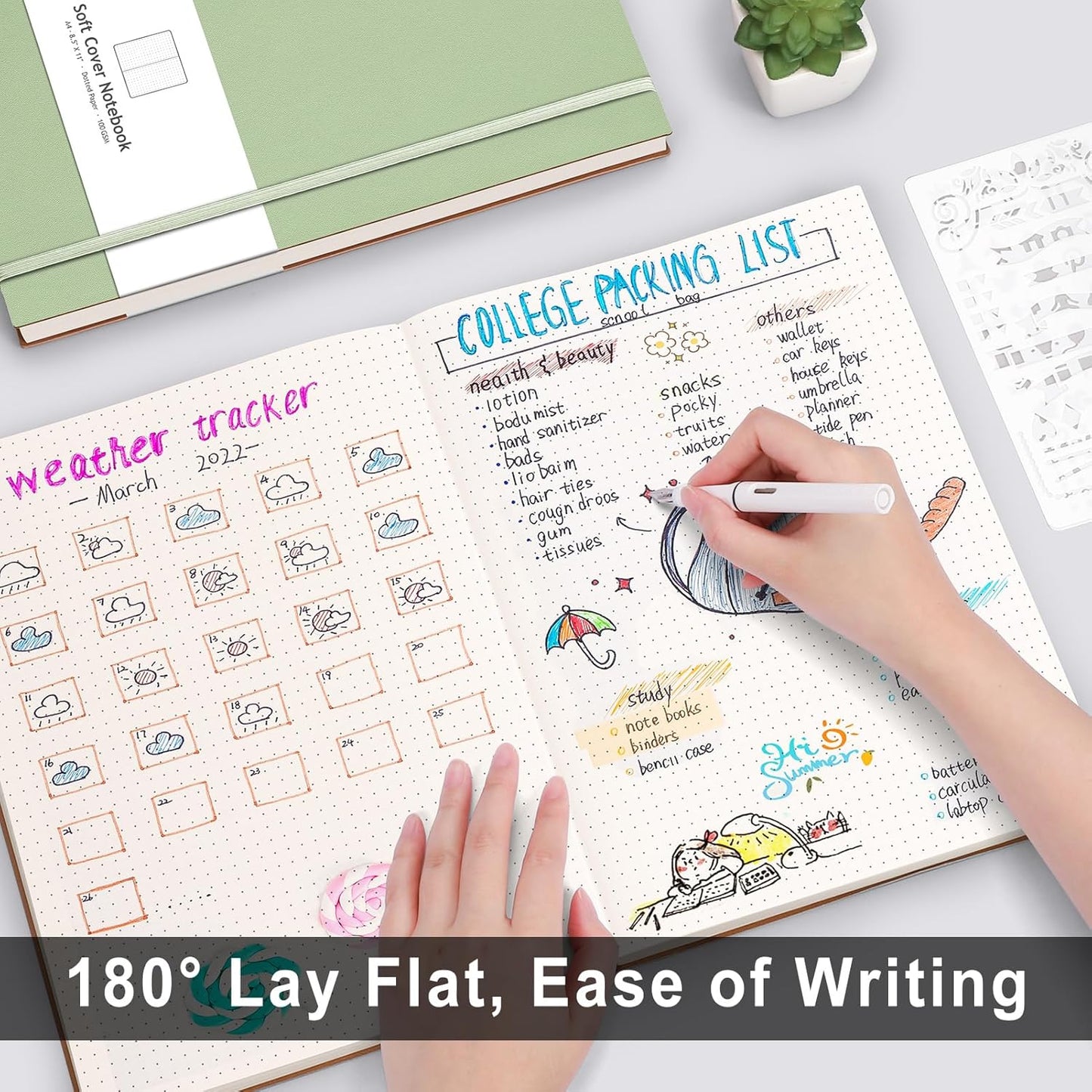 AHGXG Bullet Dotted Journal - Large A4 Notebook Dotted, 8.5''×11'', 320 Pages Dot Grid Notebook, 100gsm Thick Paper, Leather Softcover, with Journal Stencils, Inner Pocket - LightGreen