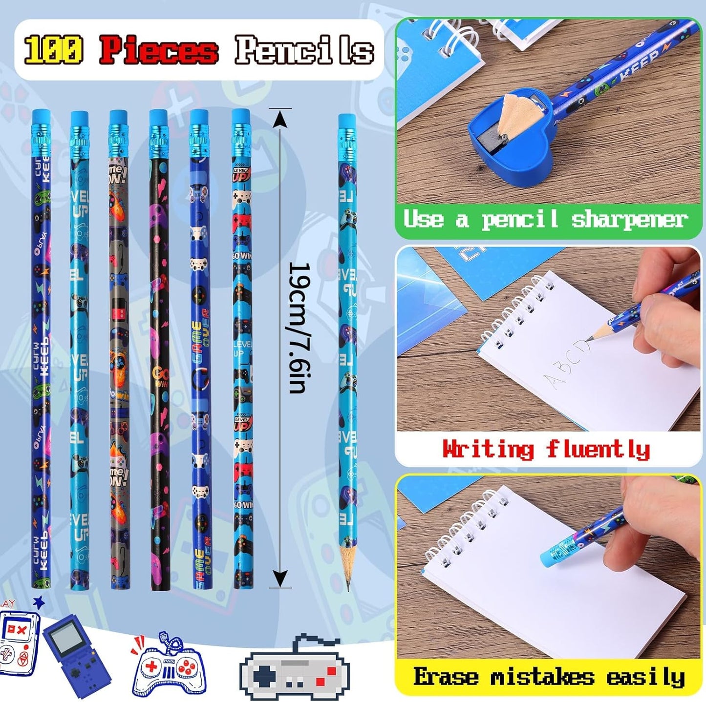Kolewo4ever 148 Pieces Video Game Theme Stationery Set:100 Pcs Video Game Pencils 24 Pcs Game Pattern Mini Spiral Notepad Memo Pad 24 Pcs Game Metal Charms Bookmarks (Style-2)