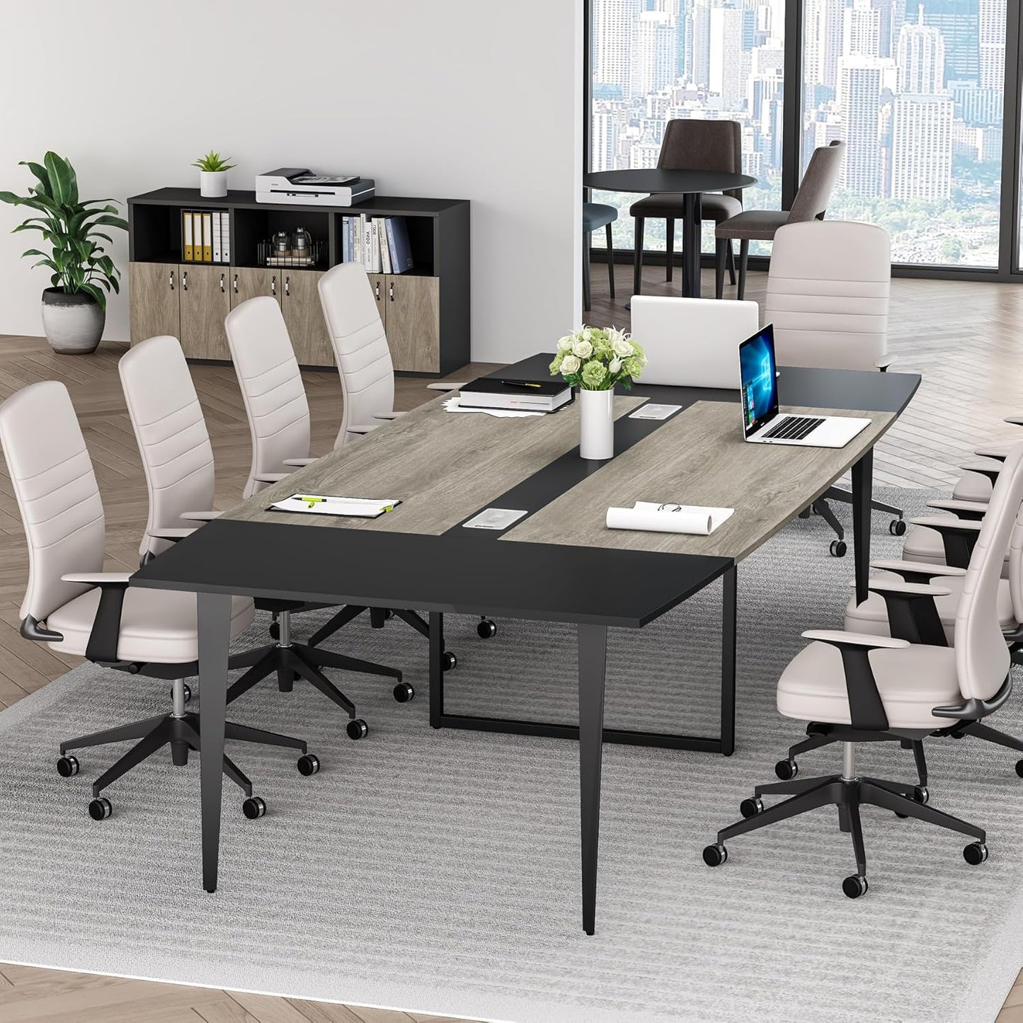Tribesigns 8FT Conference Table, 94.48L x 47.21W x 29.52H Inches Boat Shaped Meeting Table with Rectangle Grommet, Modern Seminar Boardroom Table for Office Conference Room (Grey & Black, 8ft)
