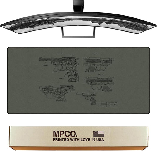 MPCO. Blueprints Large Gaming Desk Pad - 36" x 17" Duraglyde Fabric Pistol 38 – Green Desk Mats - Non-Slip, Washable, Smooth Glide for Precision Gaming & Work