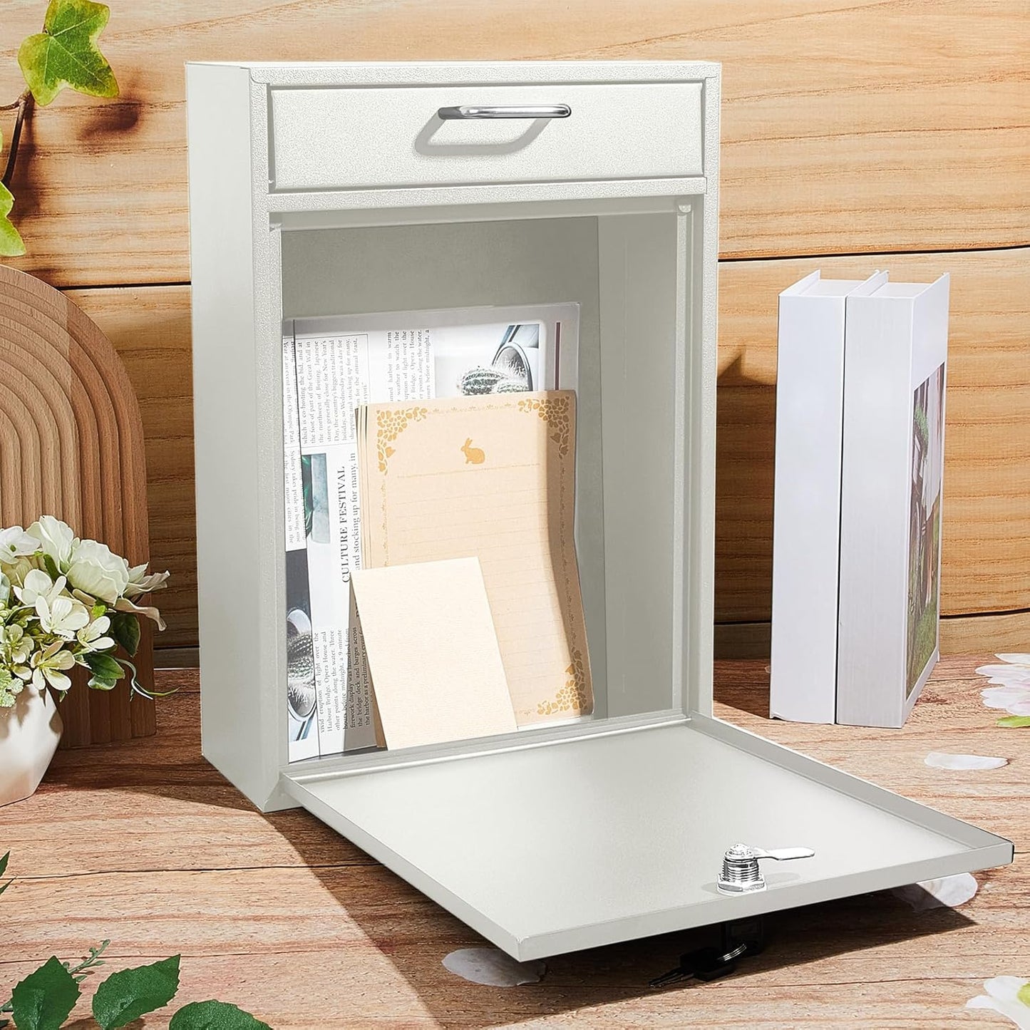 Locking Mailbox with Key for Outdoor 16.2 x 11.2 x 4.7 Inches Large Wall Mount Mail Box with Lock Security Mail Drop Metal Collection Boxes Hanging Secure Postbox(Creamy White)