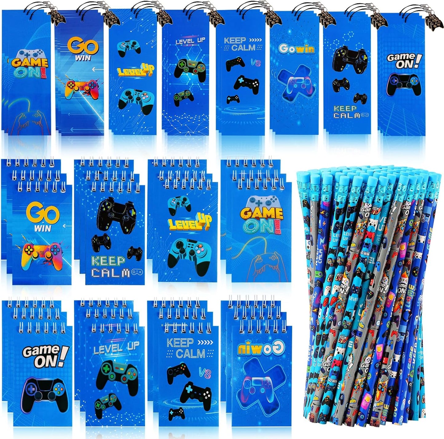 Kolewo4ever 148 Pieces Video Game Theme Stationery Set:100 Pcs Video Game Pencils 24 Pcs Game Pattern Mini Spiral Notepad Memo Pad 24 Pcs Game Metal Charms Bookmarks (Style-2)