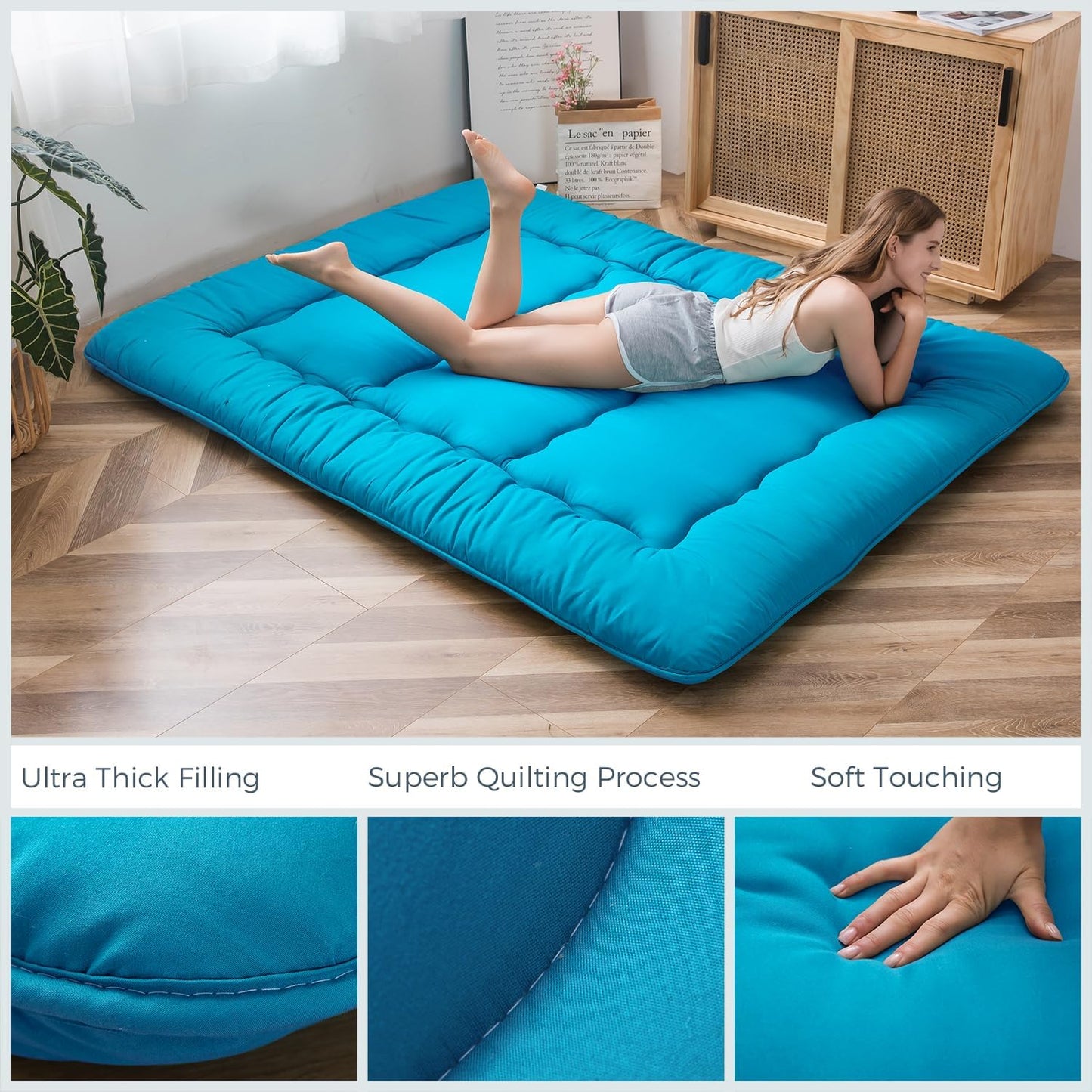 MAXYOYO Japanese Floor Mattress Futon Mattress, Thicken Tatami Mat Sleeping Pad Foldable Roll Up Mattress Boys Girls Dormitory Mattress Pad Kids Floor Lounger Bed Couches and Sofas, Turquoise, Full