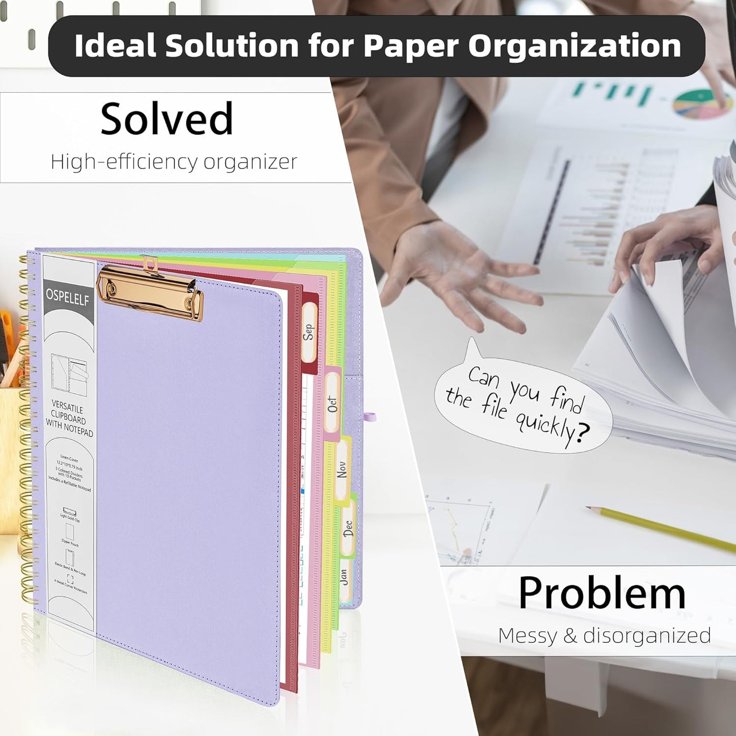 Ospelelf Foldable Spiral Clipboard Folio with Storage Zipper Pouch, 5 Plastic Folders with 10 Pockets, Refillable Lined Notepad (11" x 8.5"), Linen Hardcover Project Organizer (Light Purple)