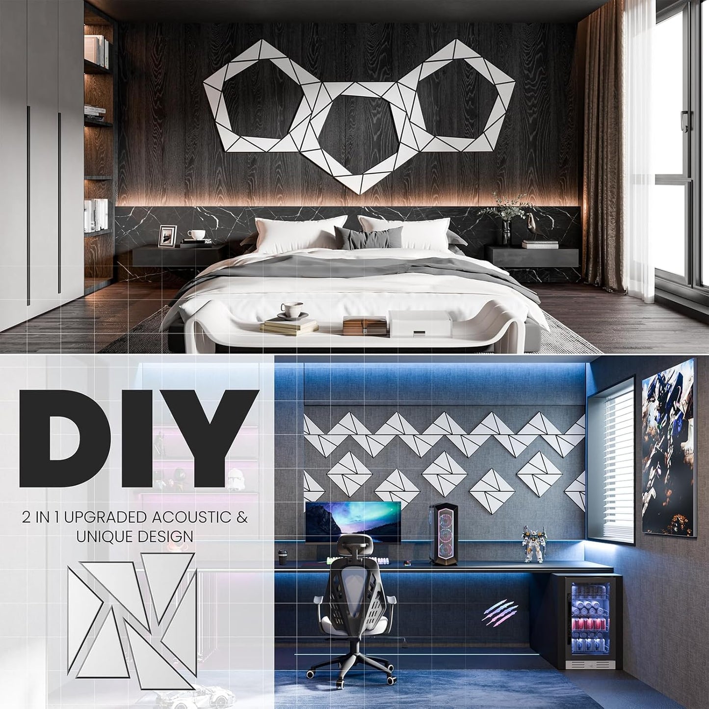 18 pack Acoustic Panels With Self-Adhesive, 12"X 12"X 0.4"Sound Proof Foam Panels, Sound Panels High Density, Soundproof Wall Panels for Home Studio Office- BlackBase + WhiteFace V1