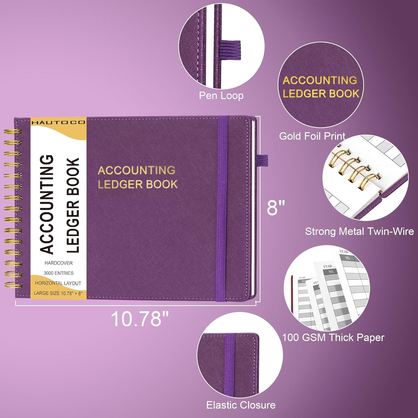 HAUTOCO Hardcover Accounting Ledger Book for Small Business Bookkeeping Horizontal Money Expense Tracker Notebook with 2 Storage Pouch, Personal Columnar Log Journal 10.78 x 8'', Deep Purple