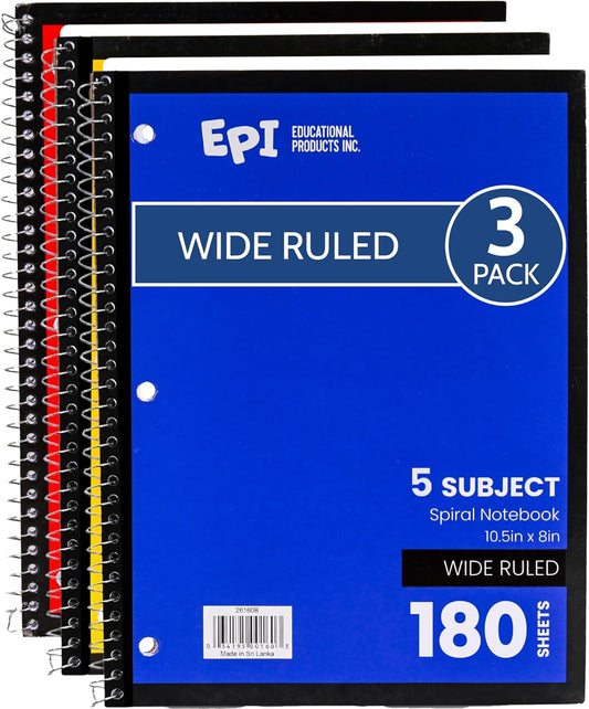 EPI Spiral Notebook | 5 Subject - Wide Ruled - 180 Sheets, Durable Spiral Binding | 10.5 x 8 in | Classroom Supplies | School, Office, Note Taking, Journaling - 3 Pack