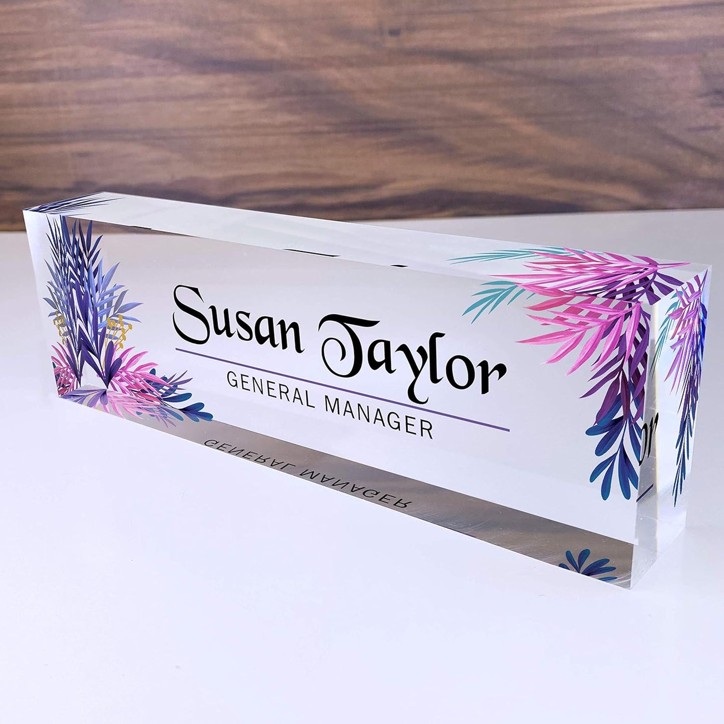 Artblox Office Desk Name Plate Personalized | Custom Name Plates for Desks | Leaf Purple Design On Clear Acrylic Glass | Office Desk Decor - (8" x 2.5")