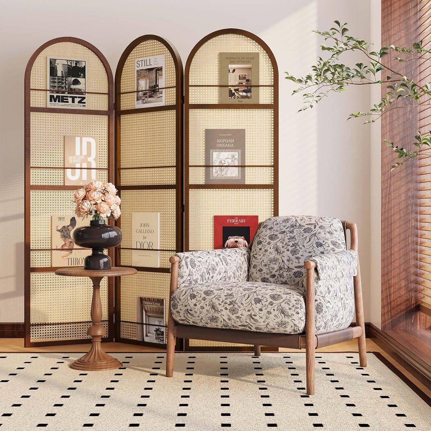 Rattan Room Divider with Bookshelf,Privacy Screen for Home Office & Bedroom,Portable Partition, Wooden Frame