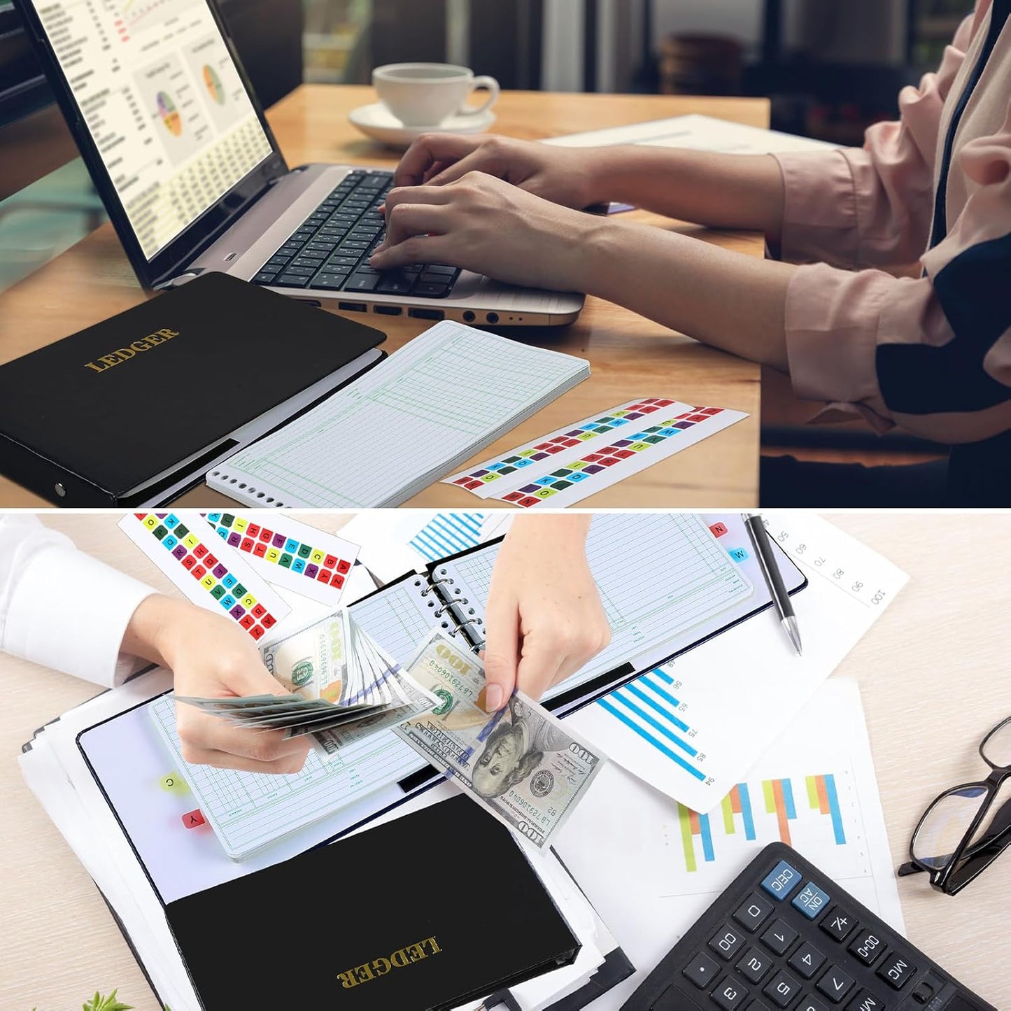 Ring Ledger Binder with 200 Pcs 5"x8.5" Ledger Sheets Small Index Tabs for Bookkeeping Accounting Business with Debit Credit Balance Columns(Black Cover, White Sheets)