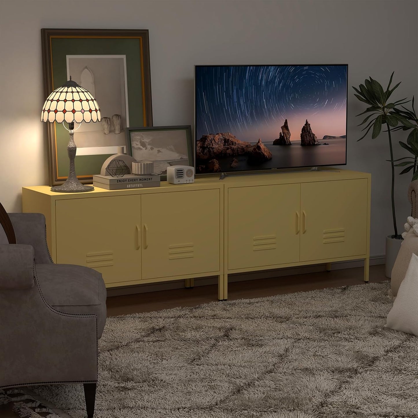 TV Cabinet,Metal Cabinet with Doors,Morden TV Stands for Bedroom,Accent Cabinets for Bedroom,Entryway,Yellow
