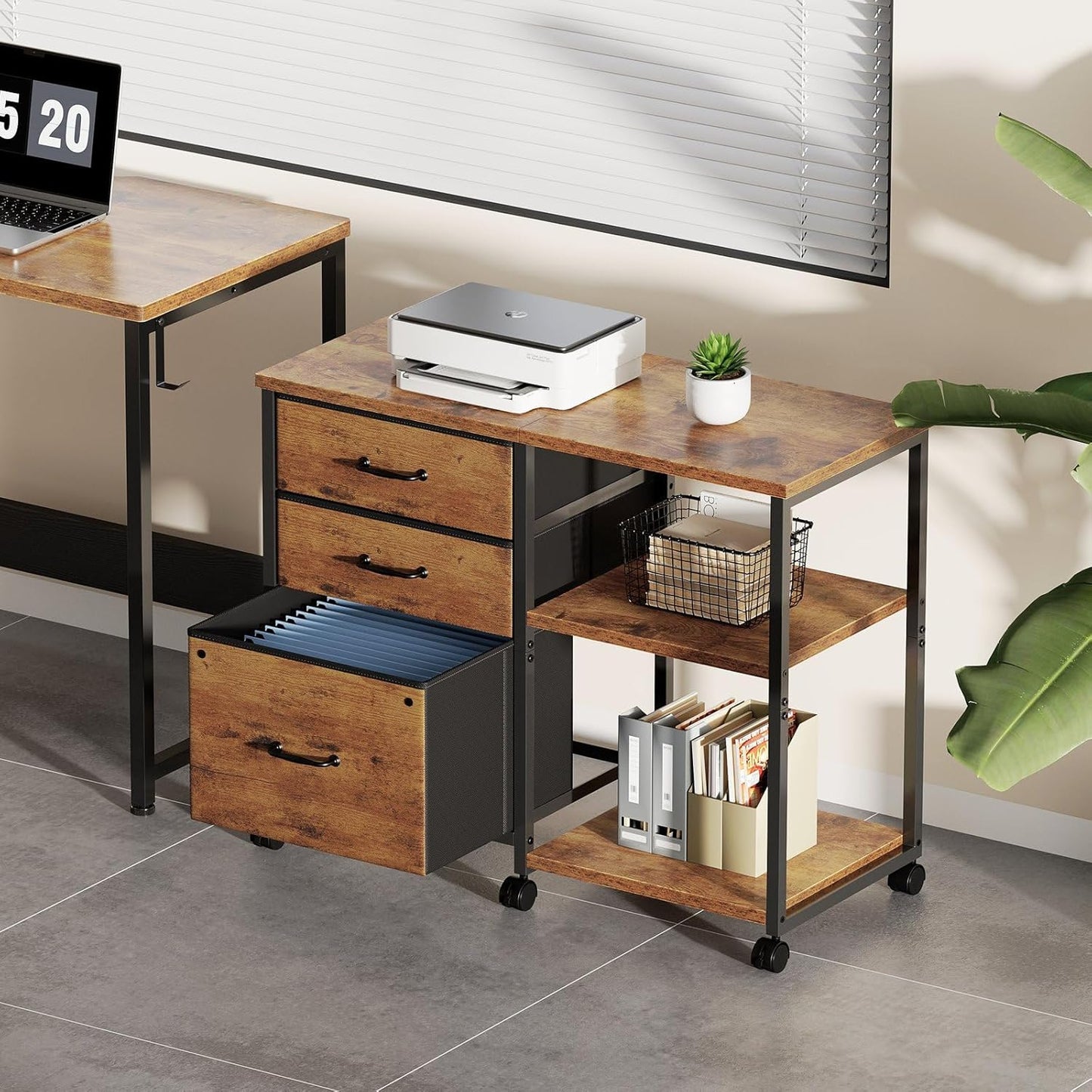 3 Drawer File Cabinet with Wheels Rolling Printer Stand with Open Storage Shelf Fabric Lateral Filing Cabinet for Home Office,Rustic Brown2