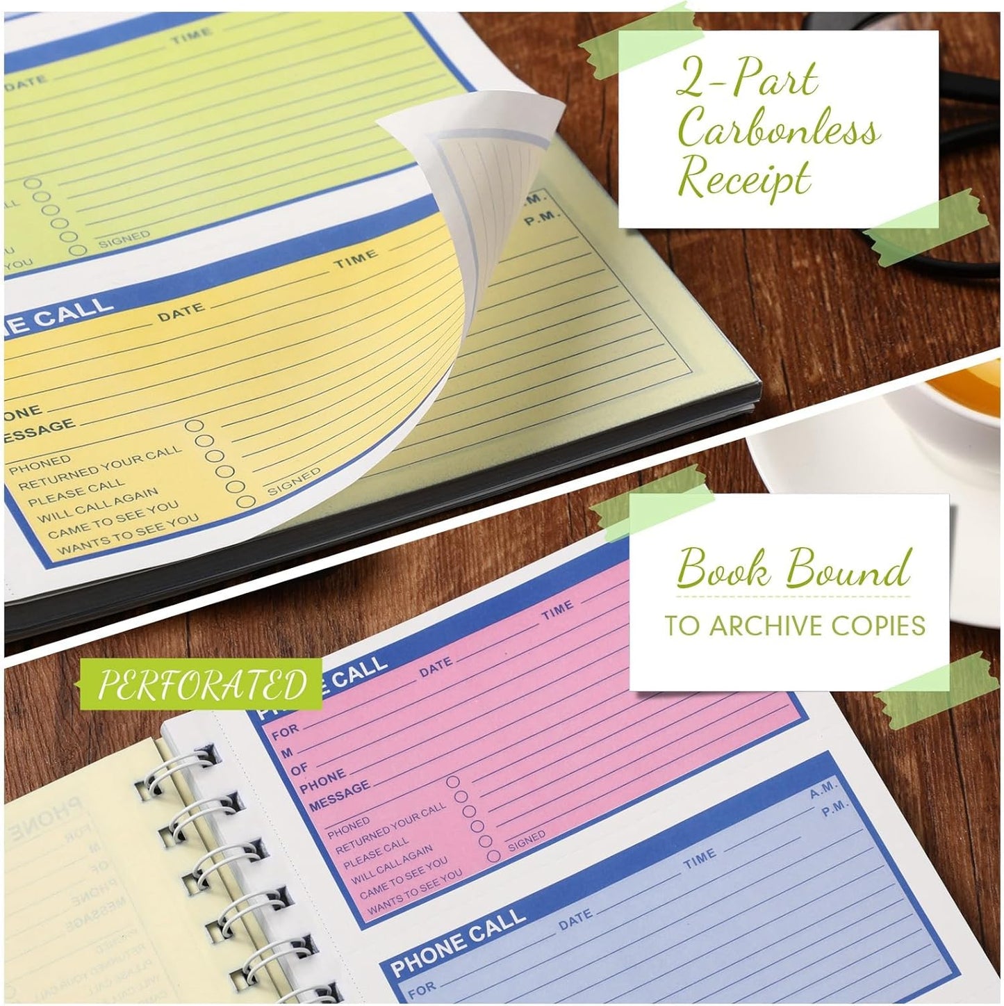 Sinmoe 2 Pcs Spiral Bound Phone Message Book with Carbon Copy 5-1/2" x 11" 2 Part Colorful Carbonless Telephone Message Pads Duplicate Spiral Phone Call Log Book for Business Office