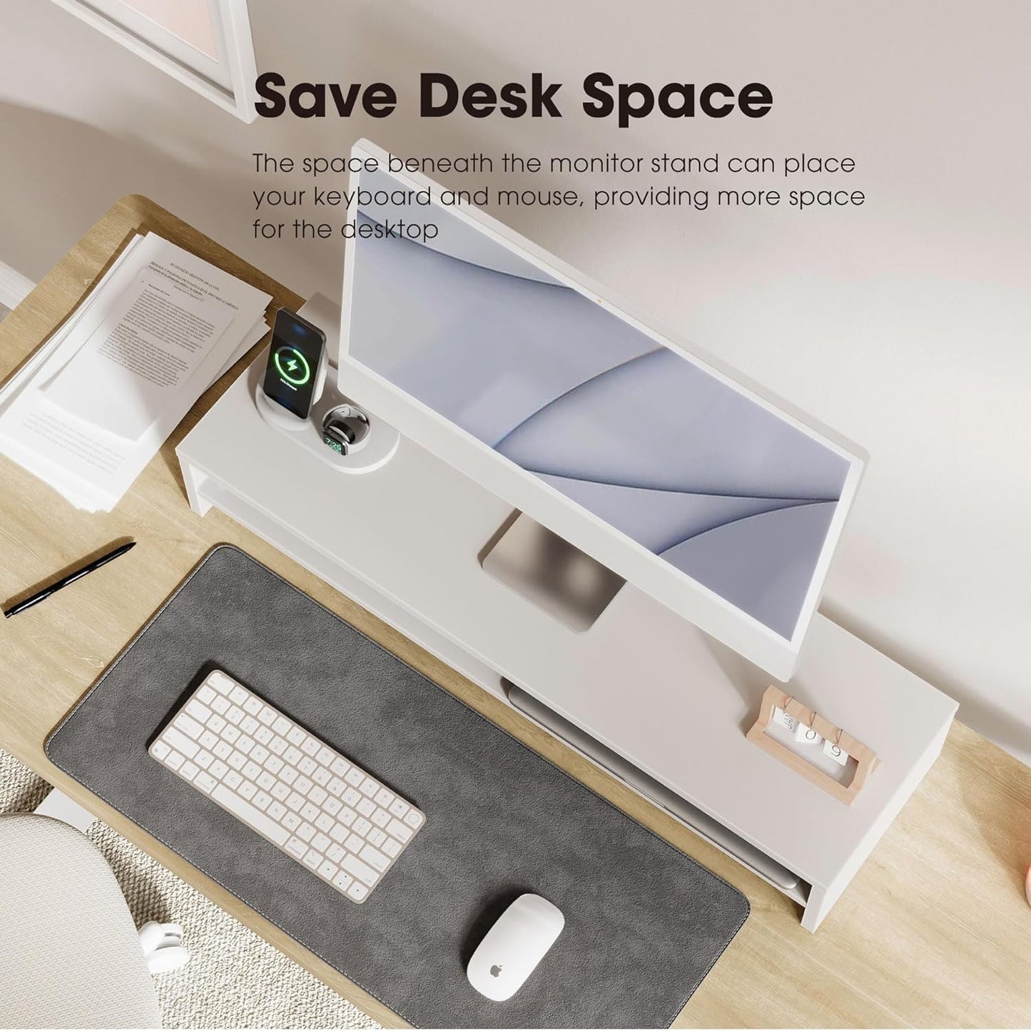 Fenge Monitor Stand, 31.5 Inch Computer Monitor Riser for Desk, 2 Tiers Wood Desk Shelf with Storage, Desktop Organizer for PC, Laptop, Screen, Printer