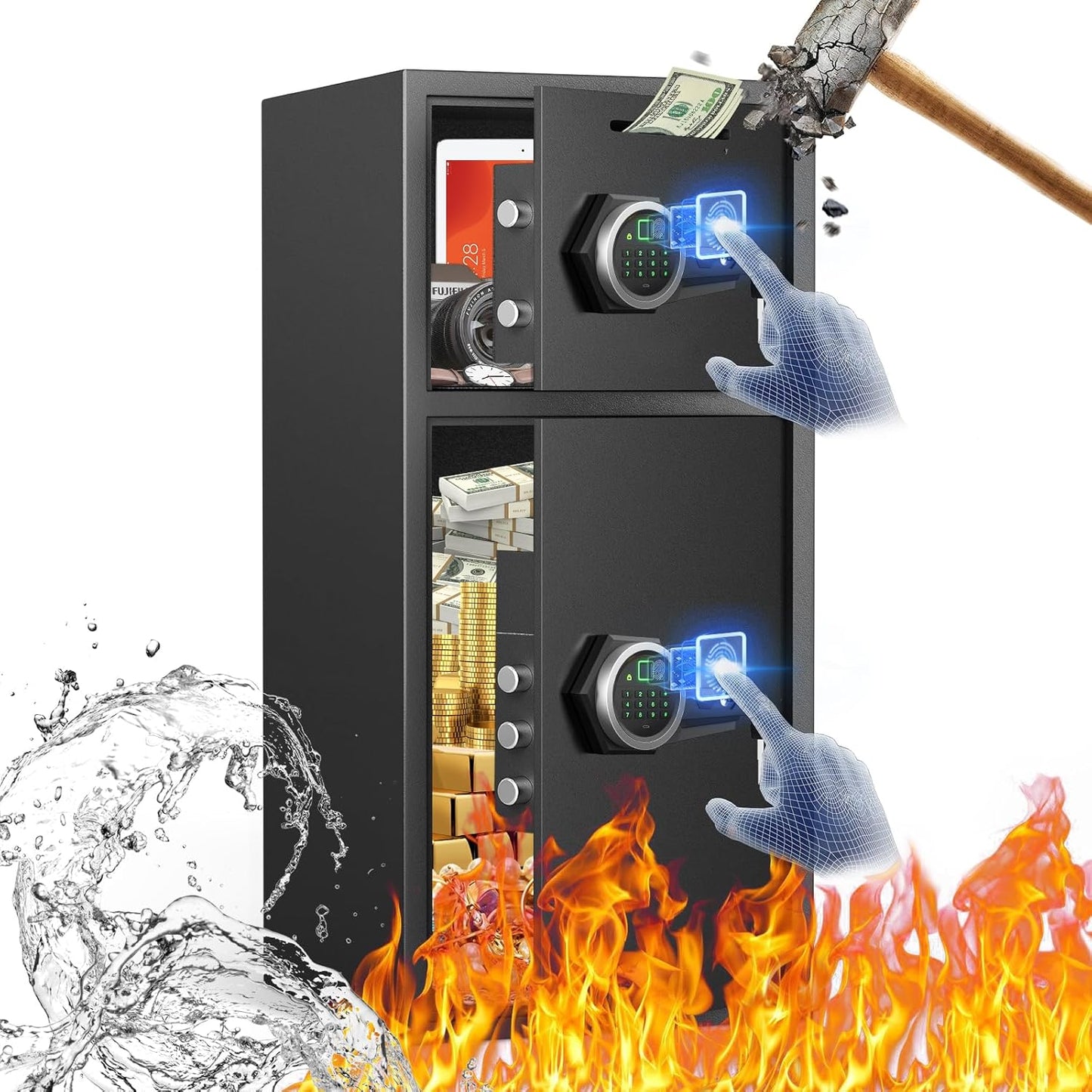 kavey 6.5 Cu ft Large Safe Box Fireproof Waterproof,with LED Light fire proof safe for home documents,Fingerprint password personal Safe with Deposit Slot & Dual Alarm System，Security Box fo Valuables