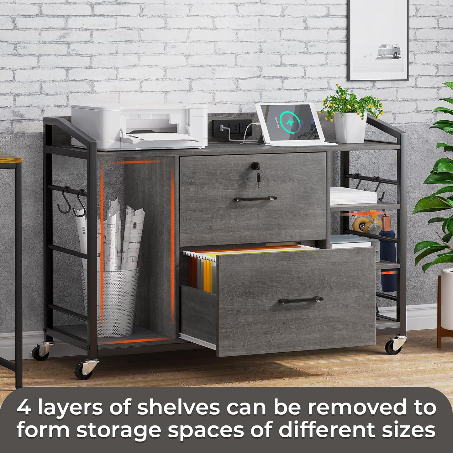 SEDETA 44" File Cabinet, Filing Cabinet fits Legal/Letter Size, 2 Drawer File Cabinets for Home Office with Lock, Power Strip, 6 Storage Shelves, Grey