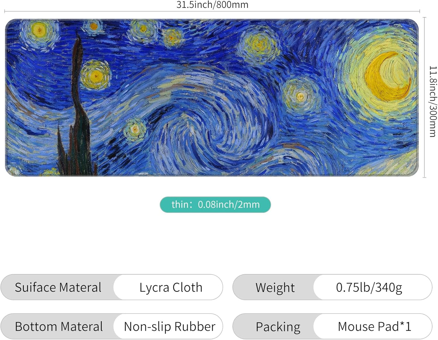 Dynippy Thin Extended Gaming Mouse Pad （31.5 * 11.8 * 0.08 inch） with Stitched Edges Large Mousepad Long XXL Keyboard and Mouse pad Desk Mat for Gaming Office & Home - The Starry Night