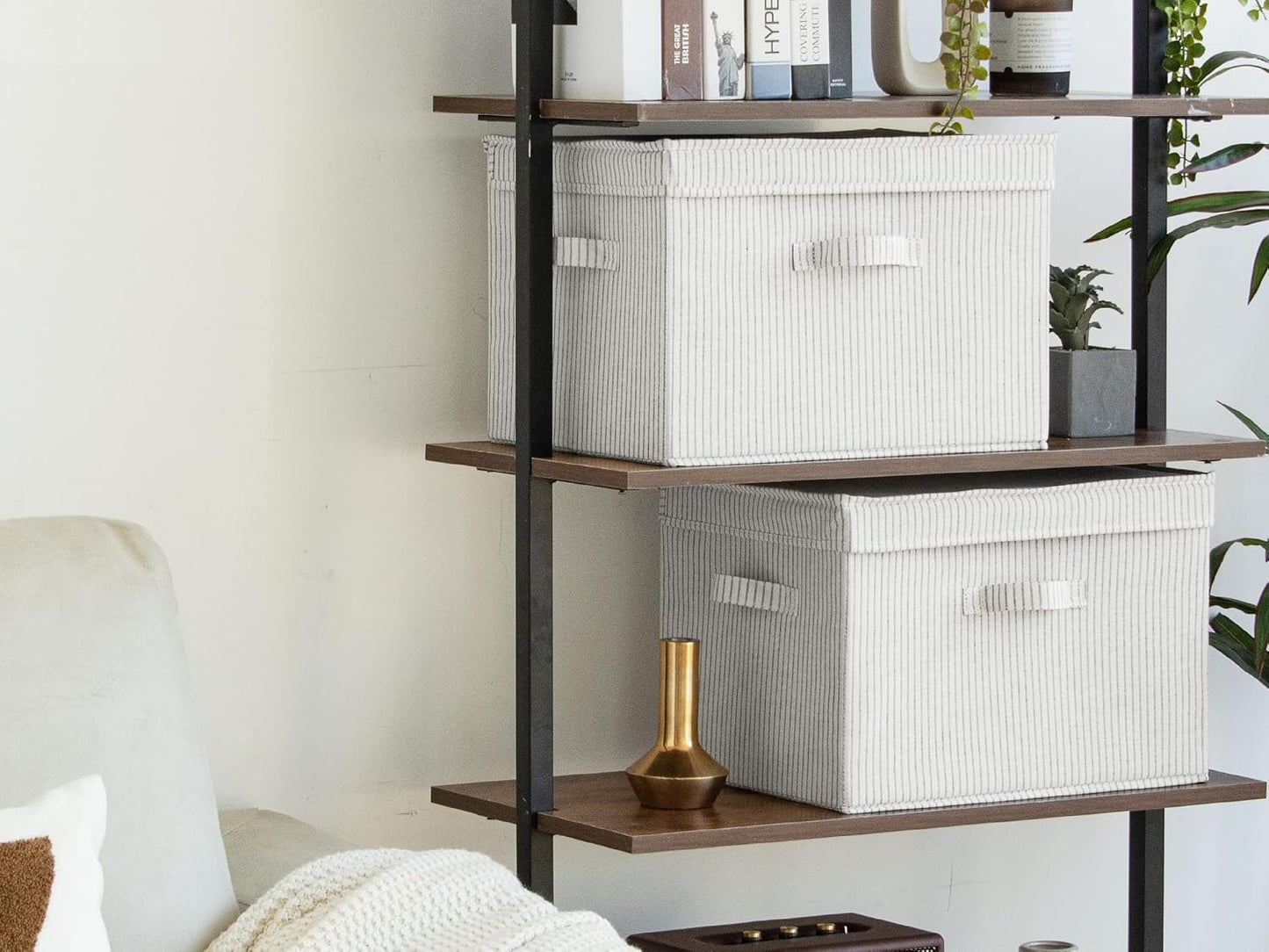 StorageWorks Fabric Storage Bins with Lid, Decorative Storage Boxes for Shelves, Stackable Closet Organizer Basket with Handles, Jumbo, Gray and White Stripes, 2-Pack