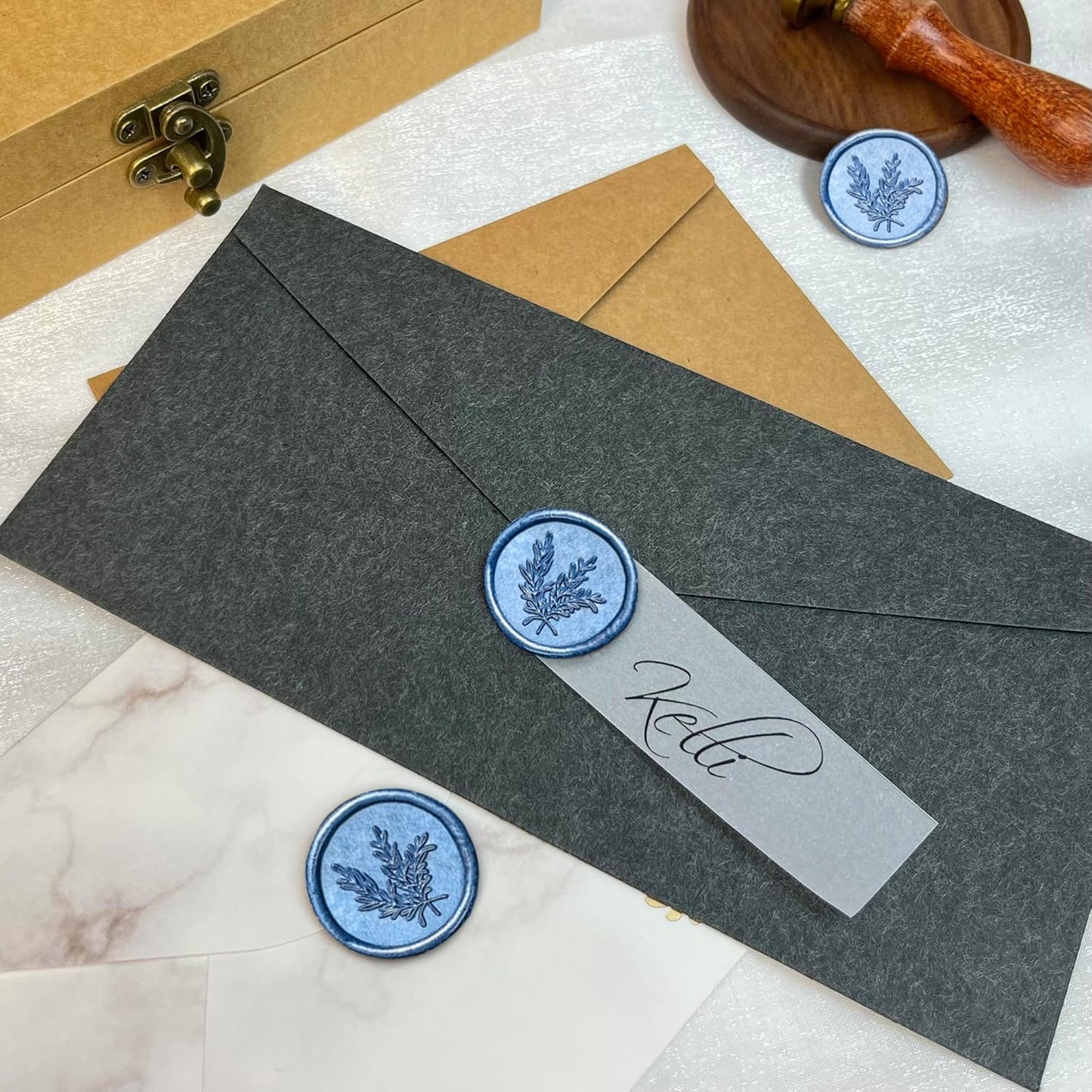 100Pcs Wax Seal Stickers Handmade Envelope Seals Self Adhesive Wax Stickers for Wedding Party Invitations, Envelope, Gift Wrap, Christmas(Rosemary Style, Blue)