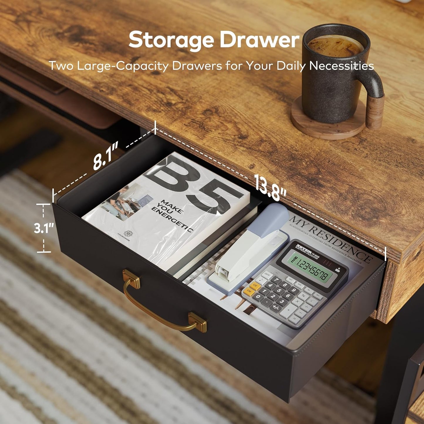 FEZIBO 55 x 24 Inch Height Adjustable Electric Standing Desk with Double Drawer, Stand Up Desk with Storage Shelf, Rustic Brown