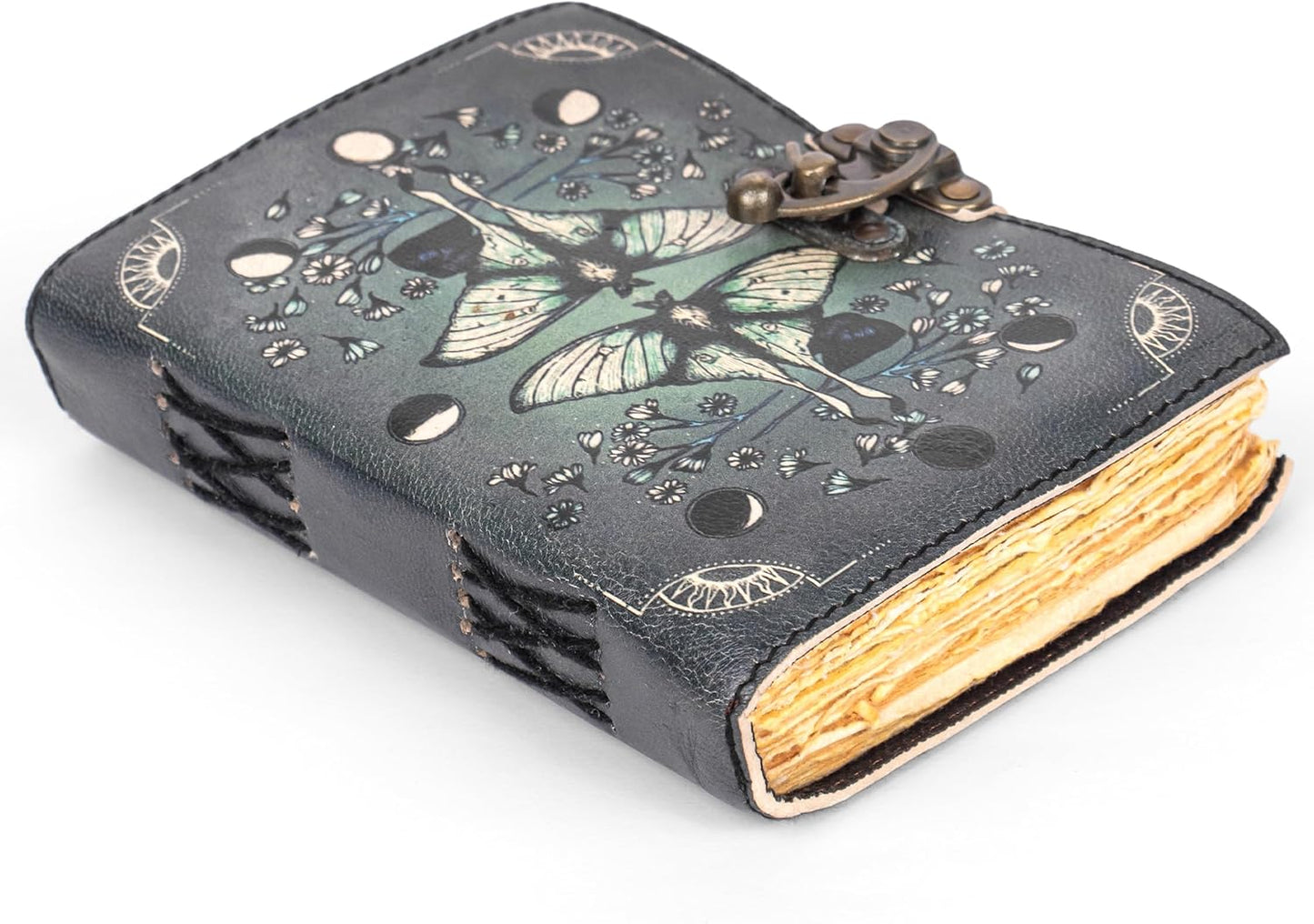 Blank Spell Book of Shadows Leather Journal Diary – Luna Moths and Morpho Butterfly Bound Journal with Clasp Lock – 200 Page Deckle Edge Vintage Notebook for Writing, Home, Office, Travelling