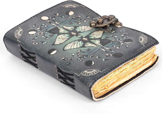 Blank Spell Book of Shadows Leather Journal Diary – Luna Moths and Morpho Butterfly Bound Journal with Clasp Lock – 200 Page Deckle Edge Vintage Notebook for Writing, Home, Office, Travelling
