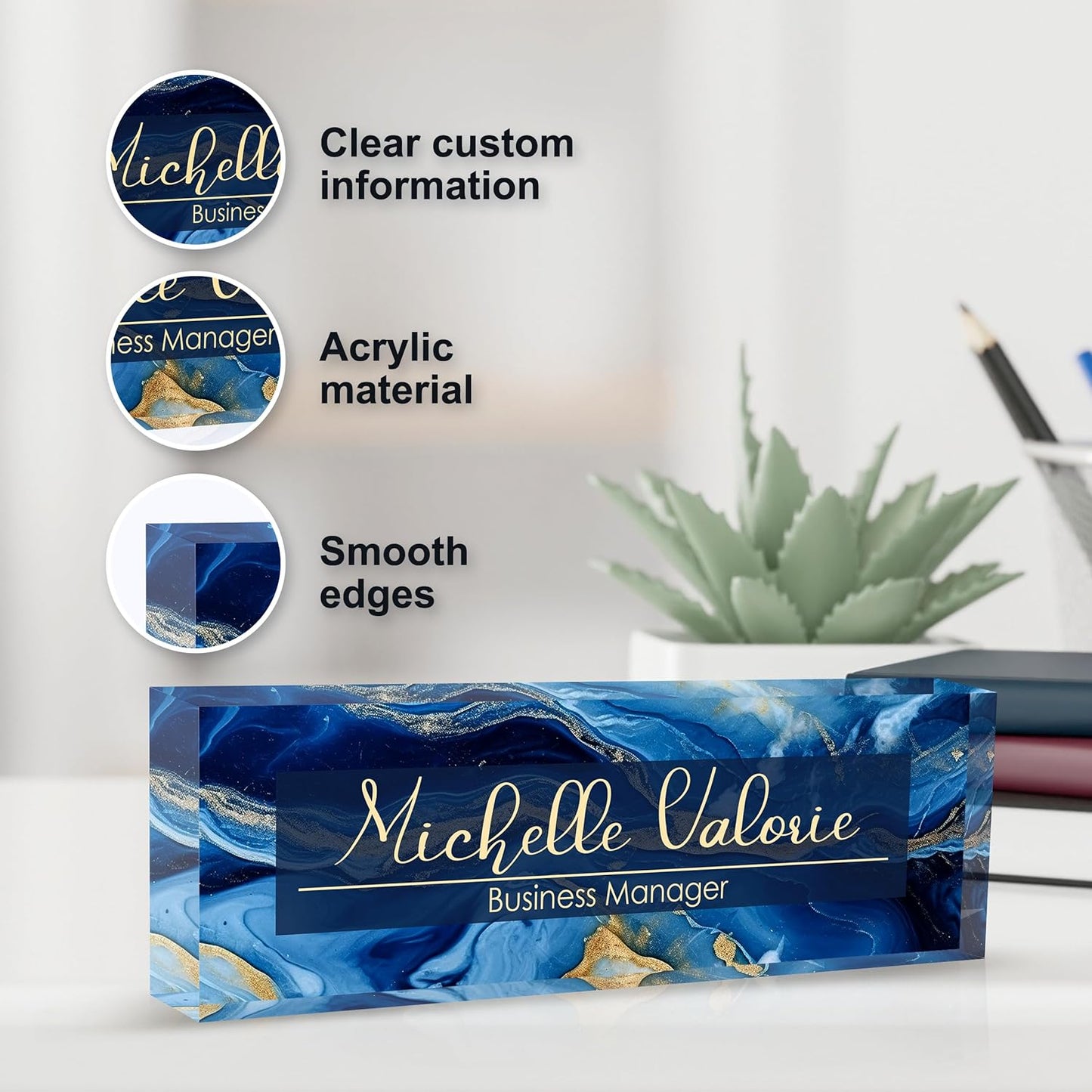 Personalized Name Plate for Desk, Custom Desk Name Plate, Acrylic Name Plate Office Desk Accessories, Personalized Office Gifts for Coworkers Teachers, Employee Appreciation Gifts (B-Blue Marble)