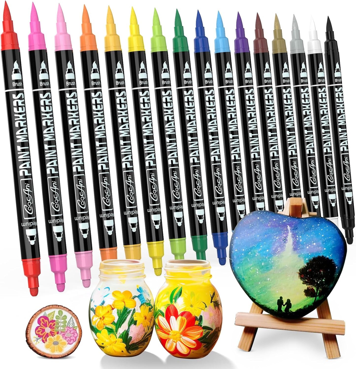 16 Colors Dual-tip Paint Marker, Brush and Medium Tip Acrylic Paint Markers for Wood,Rock Painting, Plastic, Canvas, Fabric, Glass,Mugs Almost Surface, DIY Project, Art Supplier