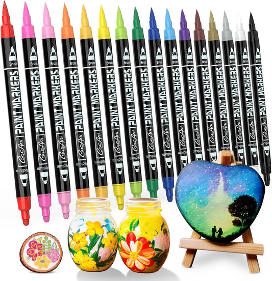 16 Colors Dual-tip Paint Marker, Brush and Medium Tip Acrylic Paint Markers for Wood,Rock Painting, Plastic, Canvas, Fabric, Glass,Mugs Almost Surface, DIY Project, Art Supplier