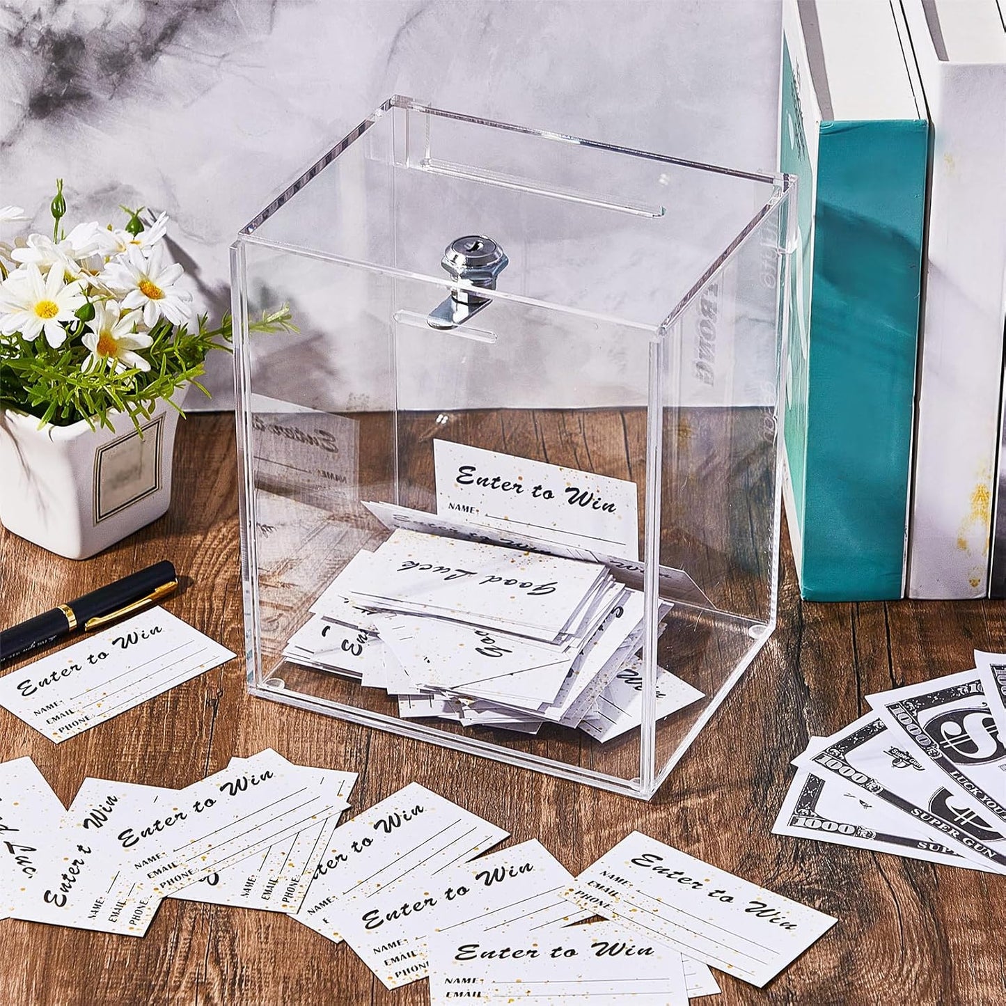 Teling Tall Acrylic Donation Box with Lock and Sign Plate Safe Suggestion Box with 100pcs Raffle Tickets Cards for Raffle, Money, Voting, Charity, Suggestion (Transparent, 6.7 x 5 x 8 Inch)