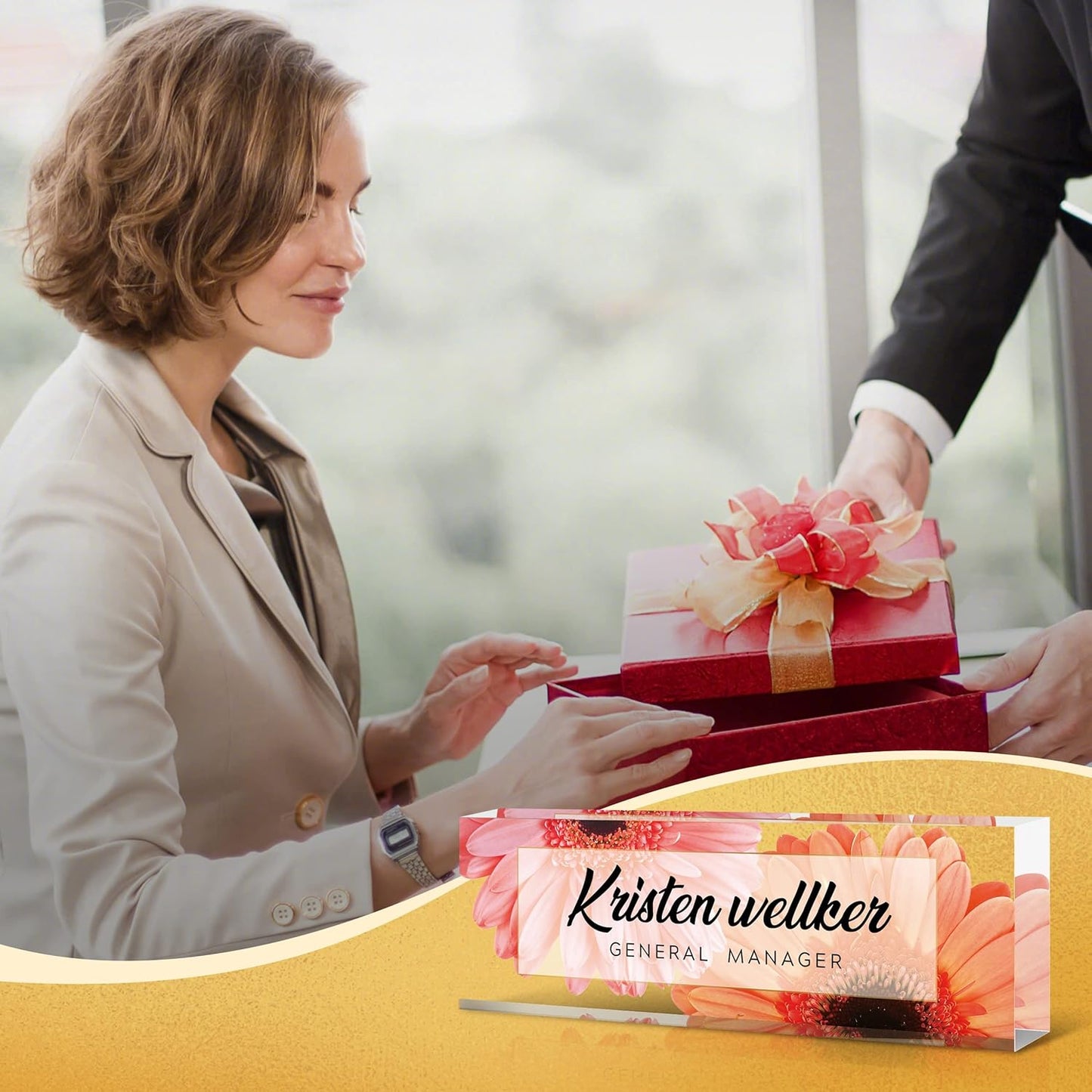 Desk Name Plate Personalized, Premium African Daisy Acrylic Desk Name Plate, Personalized Name Plate for Desk, Office Decor for Women or Men Coworkers, Boss, Employee, Teacher