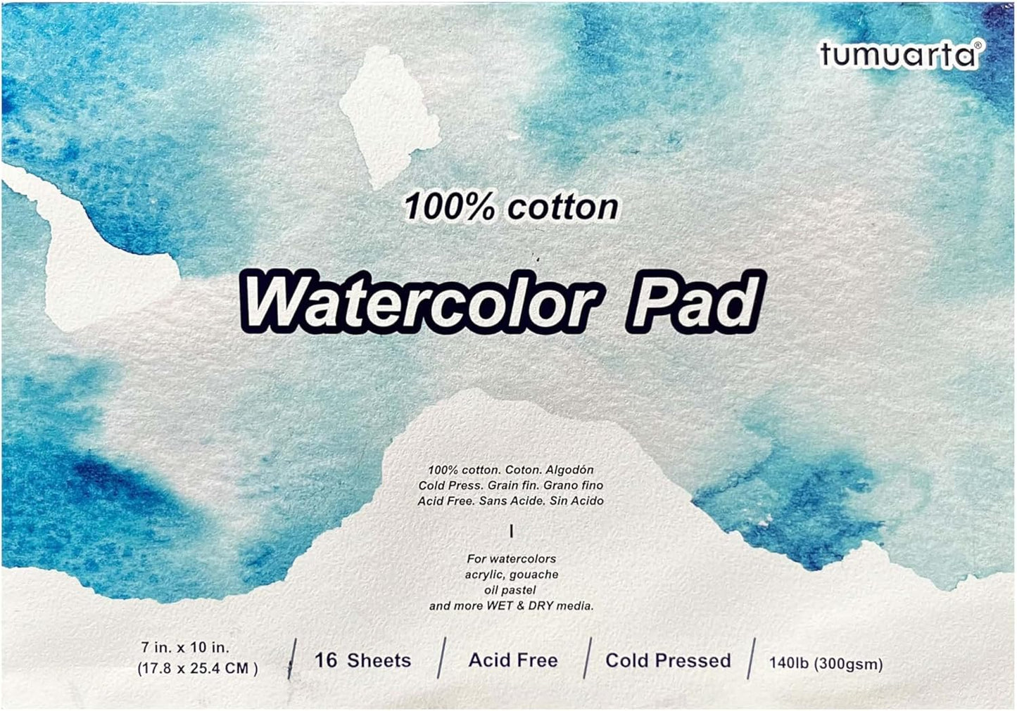 tumuarta Watercolor Paper Pad, 100% Cotton, 7x10, 140 LB, 300 GSM, 16 Sheets, 32 Pages, Acid Free, Cold Press, Watercolor Paper Mixed Media Sketch Books for Watercolors, Acrylic, Gouache