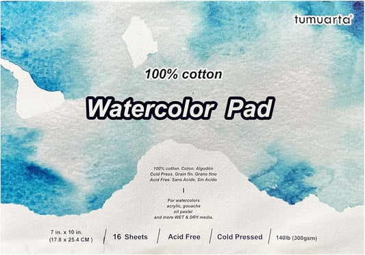 tumuarta Watercolor Paper Pad, 100% Cotton, 7x10, 140 LB, 300 GSM, 16 Sheets, 32 Pages, Acid Free, Cold Press, Watercolor Paper Mixed Media Sketch Books for Watercolors, Acrylic, Gouache