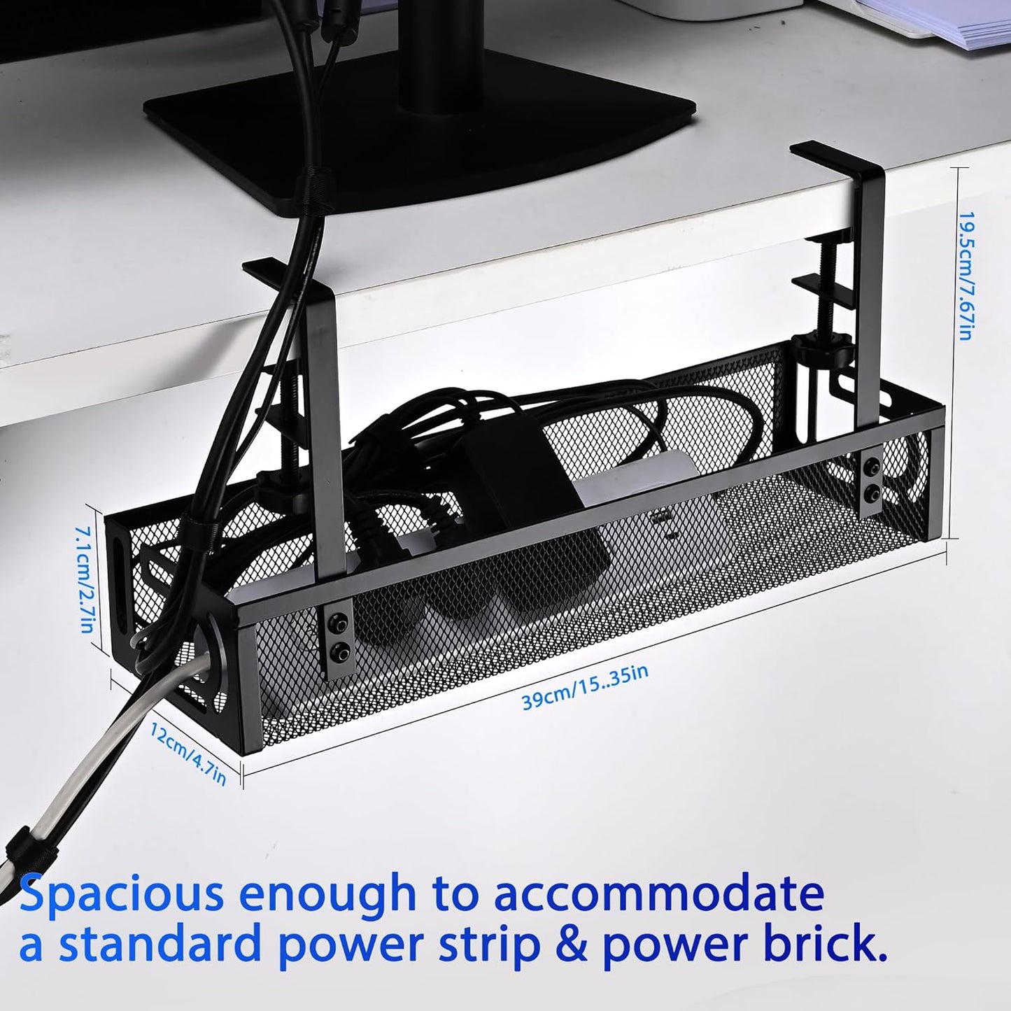 Under Desk Cable Management Tray with No Drill Installation, Power Strip Holder & Wire Organizer Storage Rack for Desk, Office, Home (L-Black)