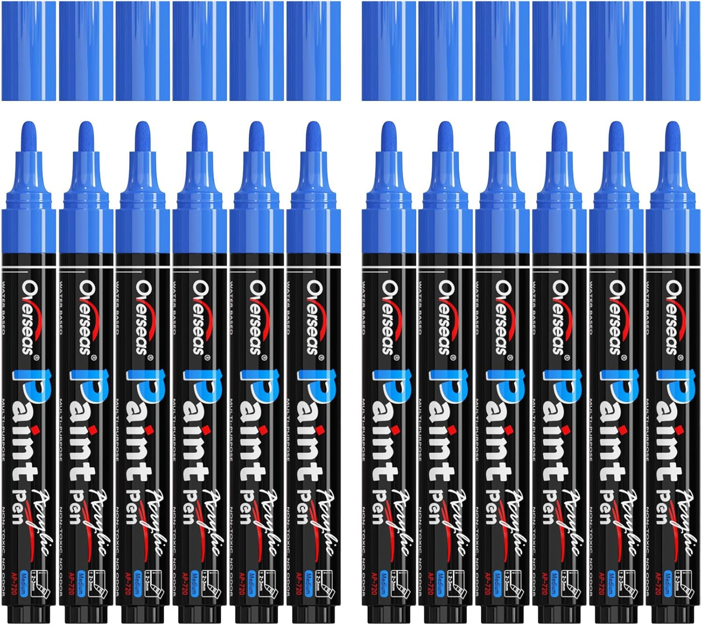 Overseas Blue Paint Pens Paint Markers - Permanent Acrylic Markers 12 Pack, Water-Based, Quick Dry, Waterproof Marker Pen for Rock, Wood, Plastic, Metal, Canvas, Glass, Fabric, Mugs. Medium Tip