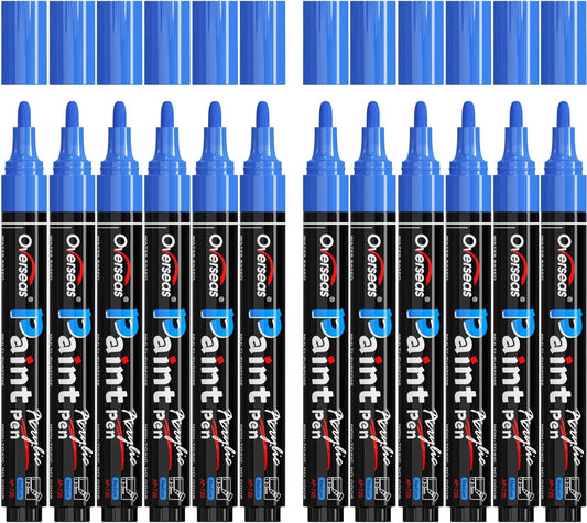 Overseas Blue Paint Pens Paint Markers - Permanent Acrylic Markers 12 Pack, Water-Based, Quick Dry, Waterproof Marker Pen for Rock, Wood, Plastic, Metal, Canvas, Glass, Fabric, Mugs. Medium Tip