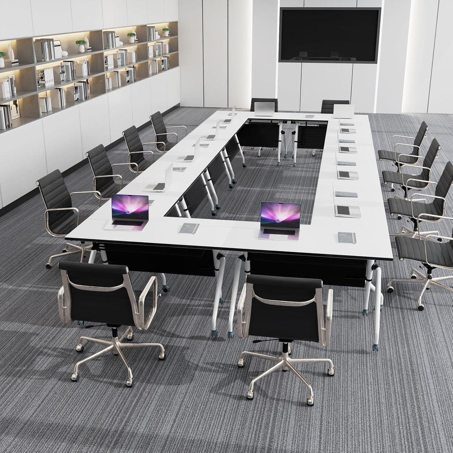 Conference Table, Folding Conference Room Tables, Mobile Training Tables with Silent Wheels, Large Rectangular Modular Seminar Table Office Computer Desks for Classroom White (6Pack L47.2in)