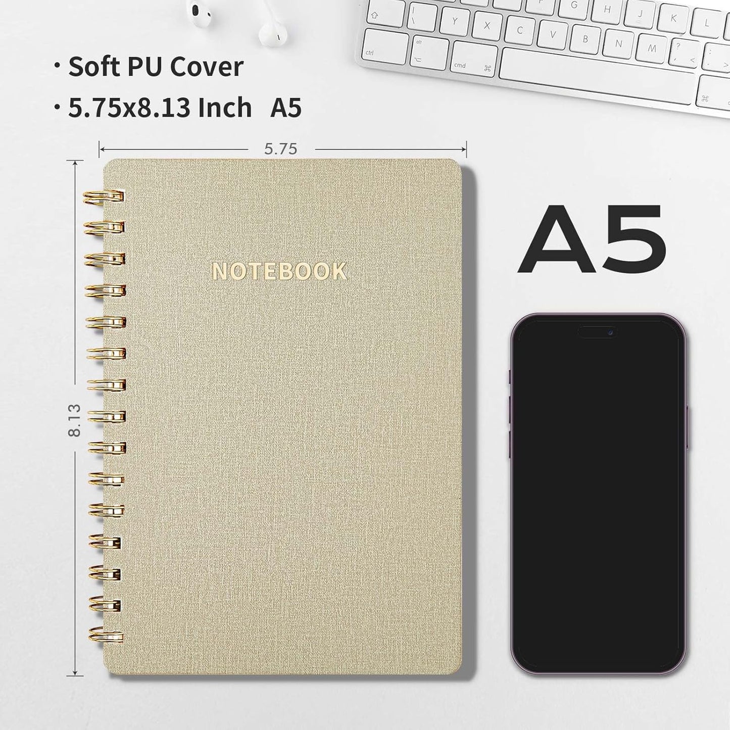 Lined Spiral Notebook College Ruled A5 Journal Book for Note Taking, 160 Pages Writing Journal for Office and Home School Supplies 5.75x8.125 inch - LightGrey