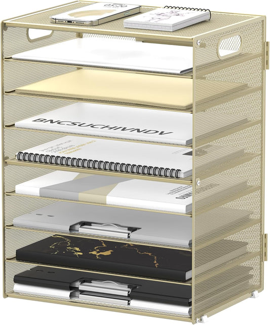 DALTACK 9-Tier Paper Letter Tray Desk Organizer with Handles, Mesh File Holder Organization, File Organizer for Desk Paper Sorter for Office Home School, Golden Yellow