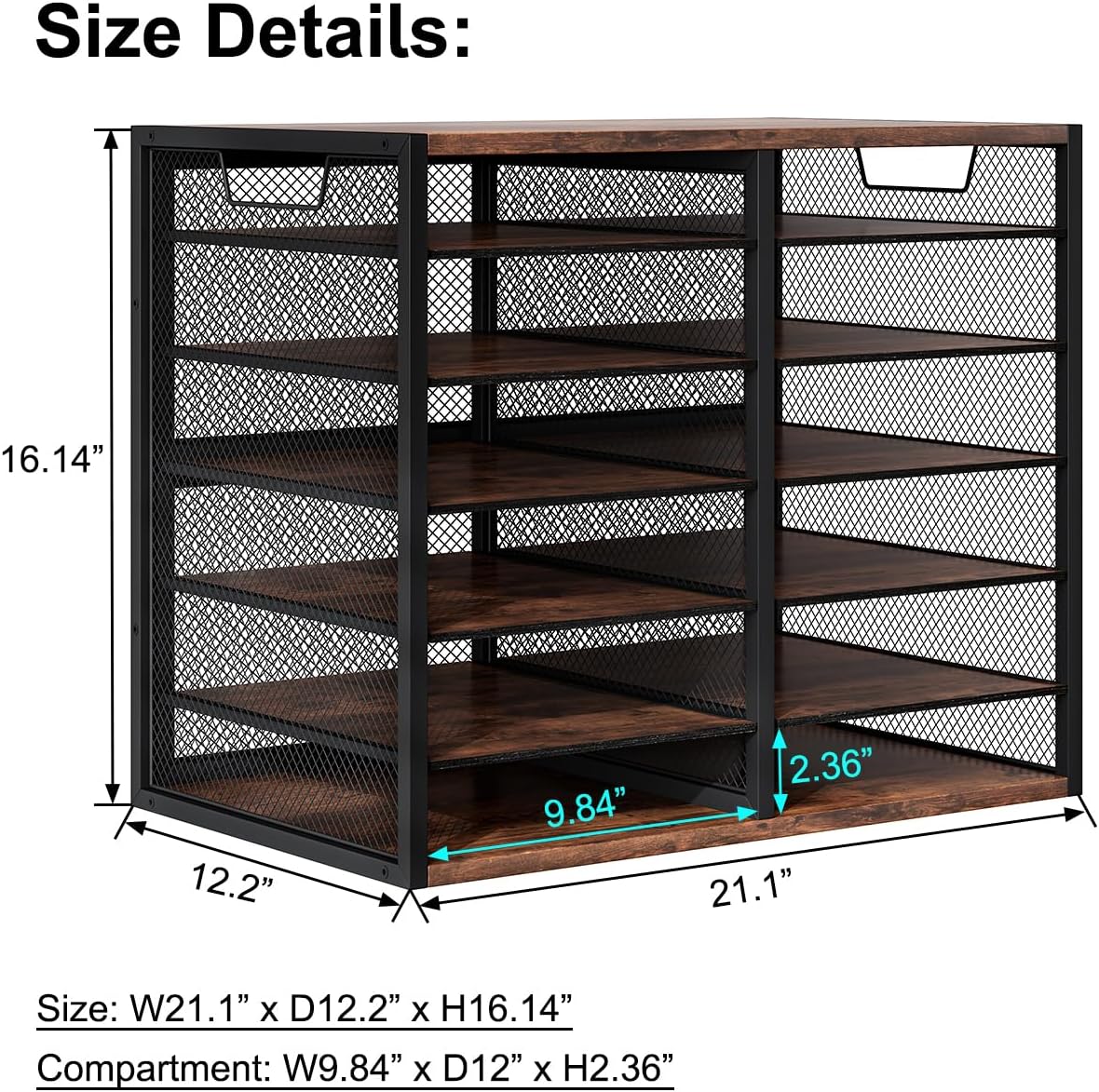 PAG Mass Mail Sorter - Adjustable Mail Holder, Countertop Literature Organizer, Student Mailbox for Classroom, Desktop Bill Paper Organizer for Office Home School, 12 Compartments, Brown
