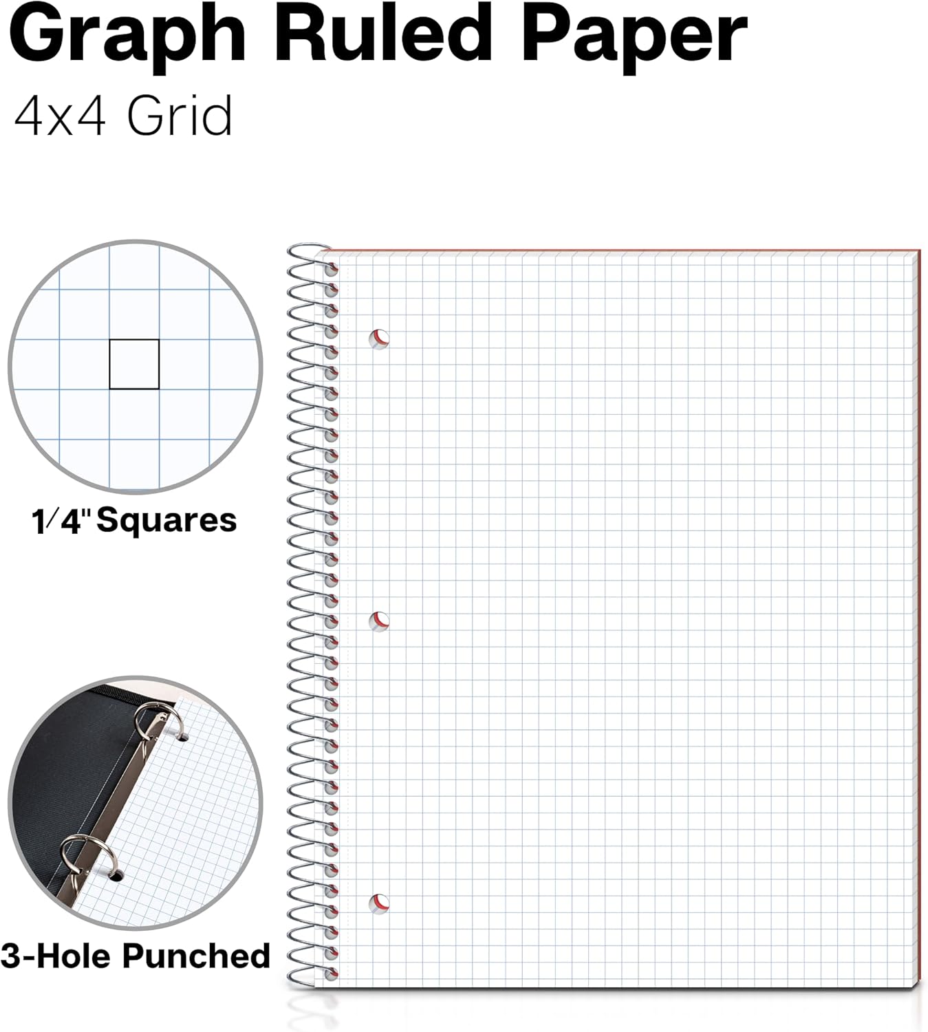 Dunwell Graph Paper Notebook 8.5 x 11 (Red) Plastic Cover, 100 Sheets (200 Pages), 4x4 Squares, 1 Subject Graph Paper Spiral Notebook, 1/4" Grid, Pocket Divider, Easy Tear-Off, 3-Hole Punched
