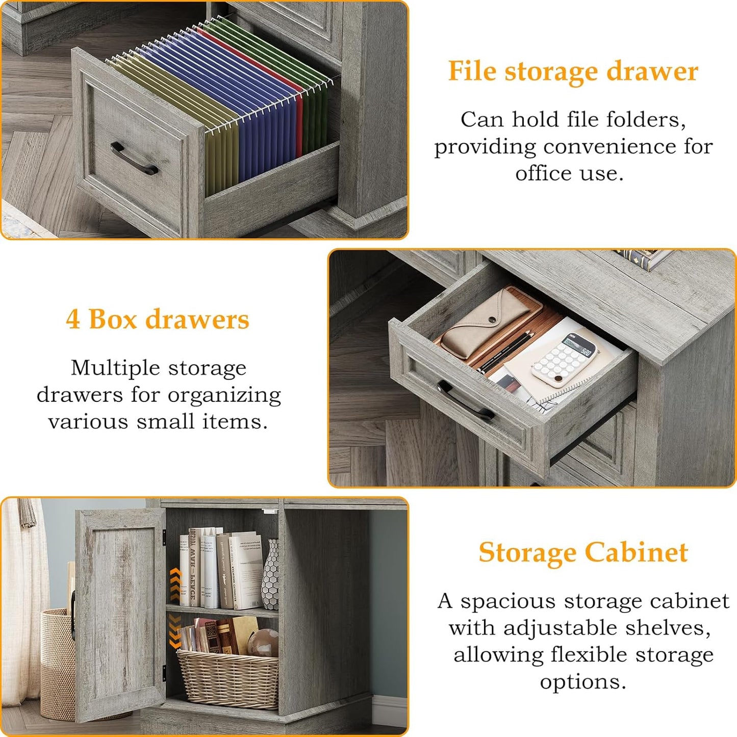 67" H Farmhouse Executive Desk with Hutch. Wood Workstation with 5 Drawers, Storage Cabinet, File Drawers and Charging Station, Ideal as Office Desk, Computer Desk for Home Office and Study.Gray