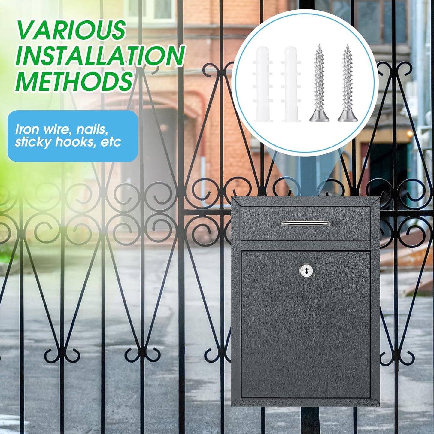 Locking Mailbox with Key for Outdoor 12.2 x 8.5 x 3 Inches Large Wall Mount Mail Box with Lock Security Mail Drop Metal Collection Boxes Hanging Secure Postbox(Dark Gray)