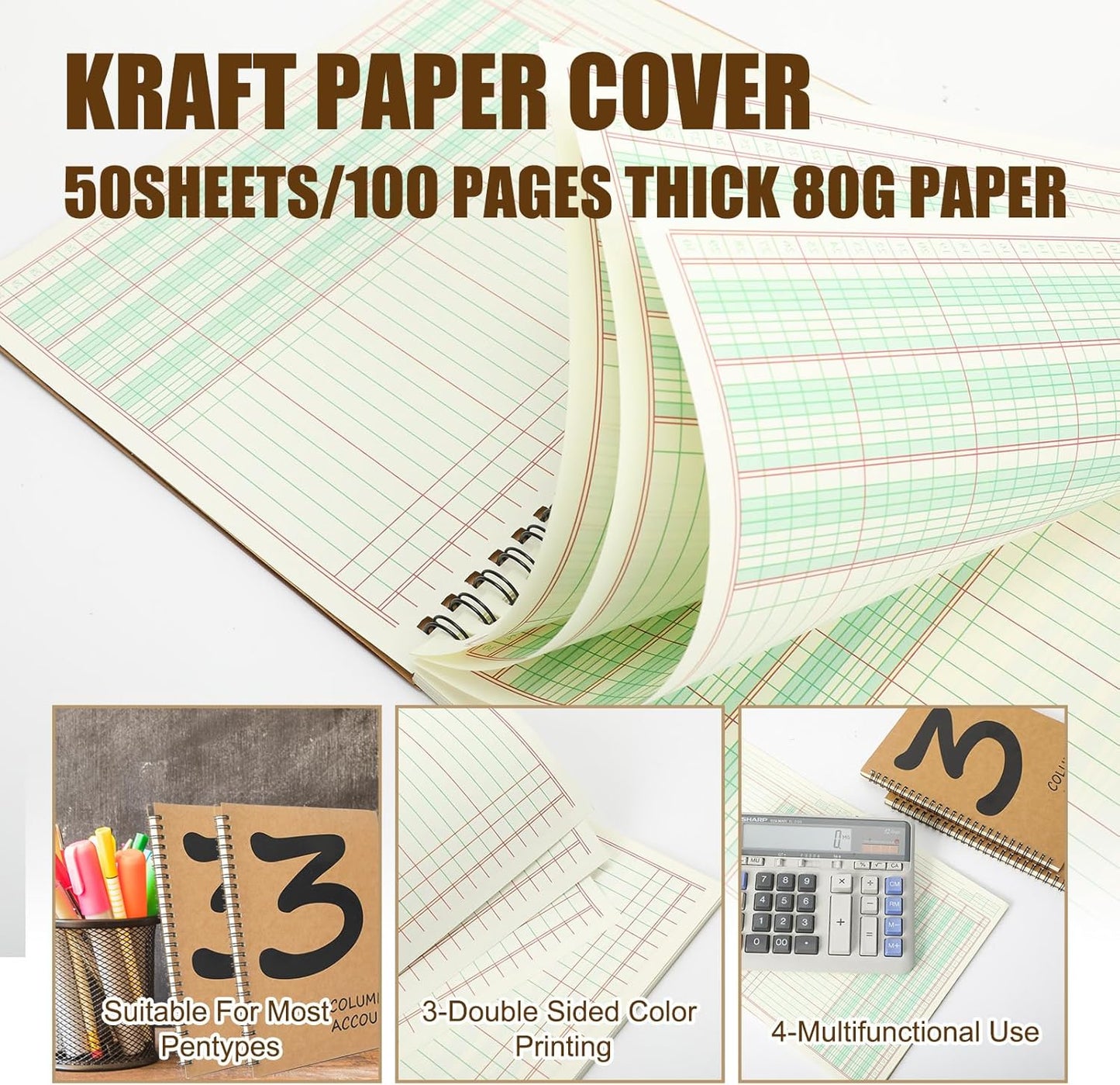 3 Pcs Accounting Ledger Book 3 Column 7 * 9.25inch Columnar Notebook Columnar Pad 3 Columns Kraft Paper Cover 100 Pages for Personal Use Small Business(50 Sheet)