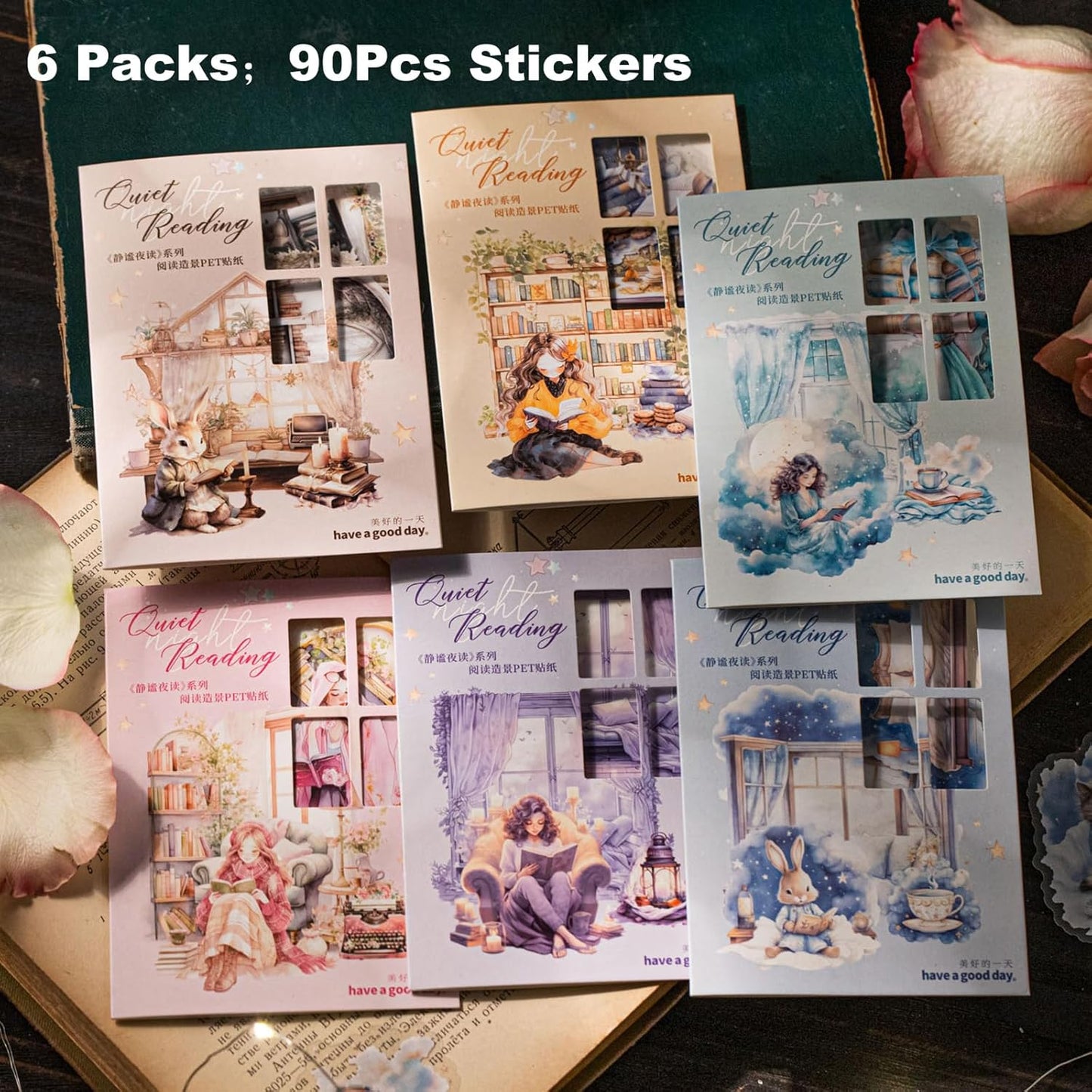Night Reading PET Sticker Set, 90PCS Calming Scenes for Scrapbooking, Journal Supplies, and DIY Crafts