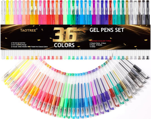 Taotree Gel Pens for Adult Coloring Books, 36-Color Neon Glitter Pens Coloring Drawing Art Supplies, 40% More Ink Glitter Gel Markers Set Colored Sparkle Doodling Journaling Gifts for Kids Teens
