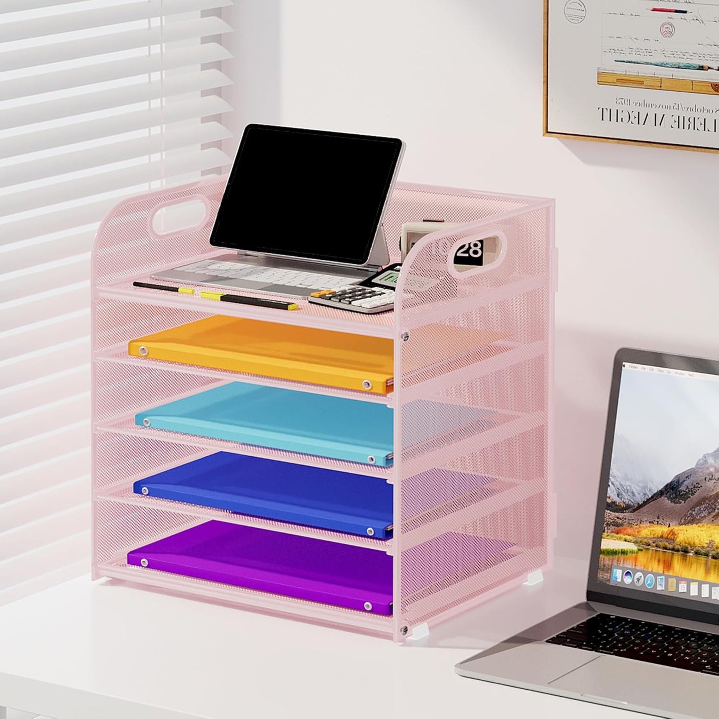 5 Tier Paper Organizer with Handle, Metal Mesh Desk Organizer File Folder Paper Letter Tray Desktop Document Sorter for Classroom, School, Office Accessories Organization and Storage - Pink