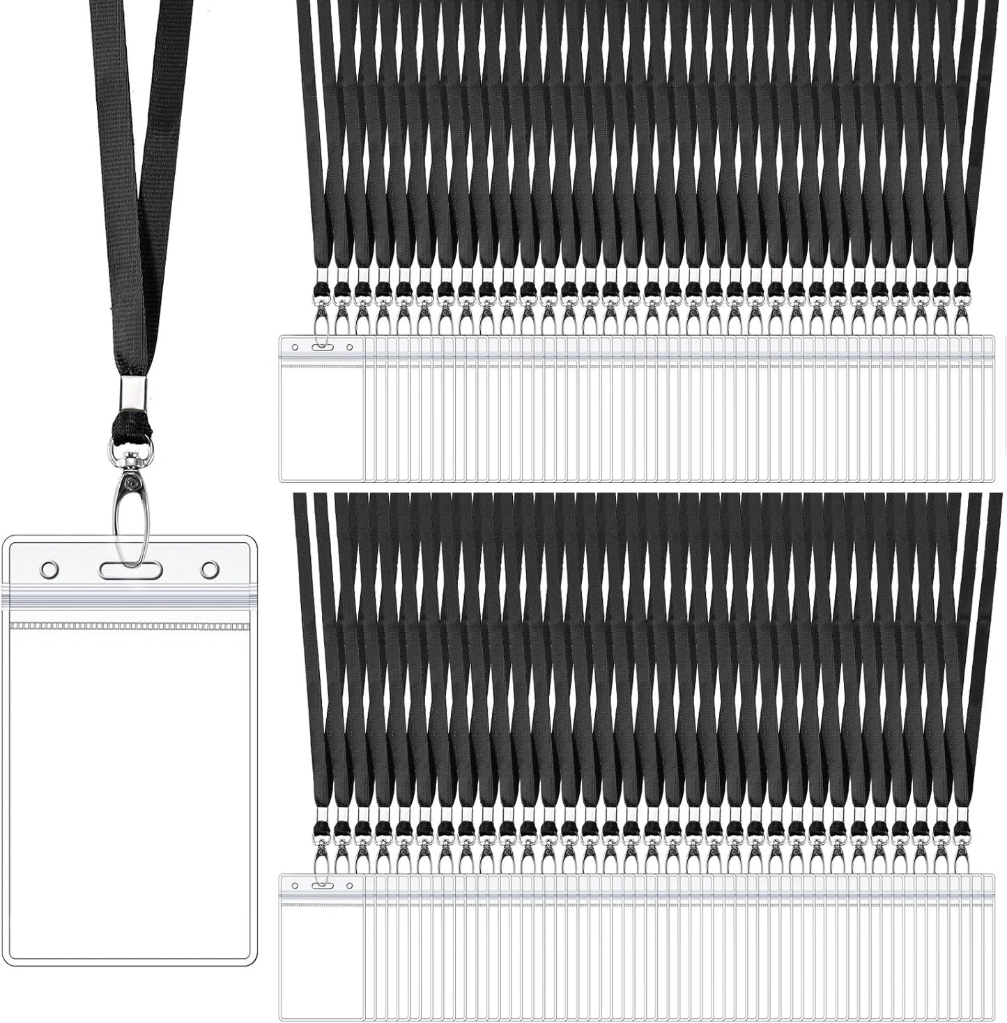 Fumete 100 Sets Name Tag Lanyards with ID Badge Holder Durable Clear Cruise Teacher Lanyards with Plastic Waterproof ID Badge Holders Bulk for Adults Teacher School Office Ship Cards(Black)