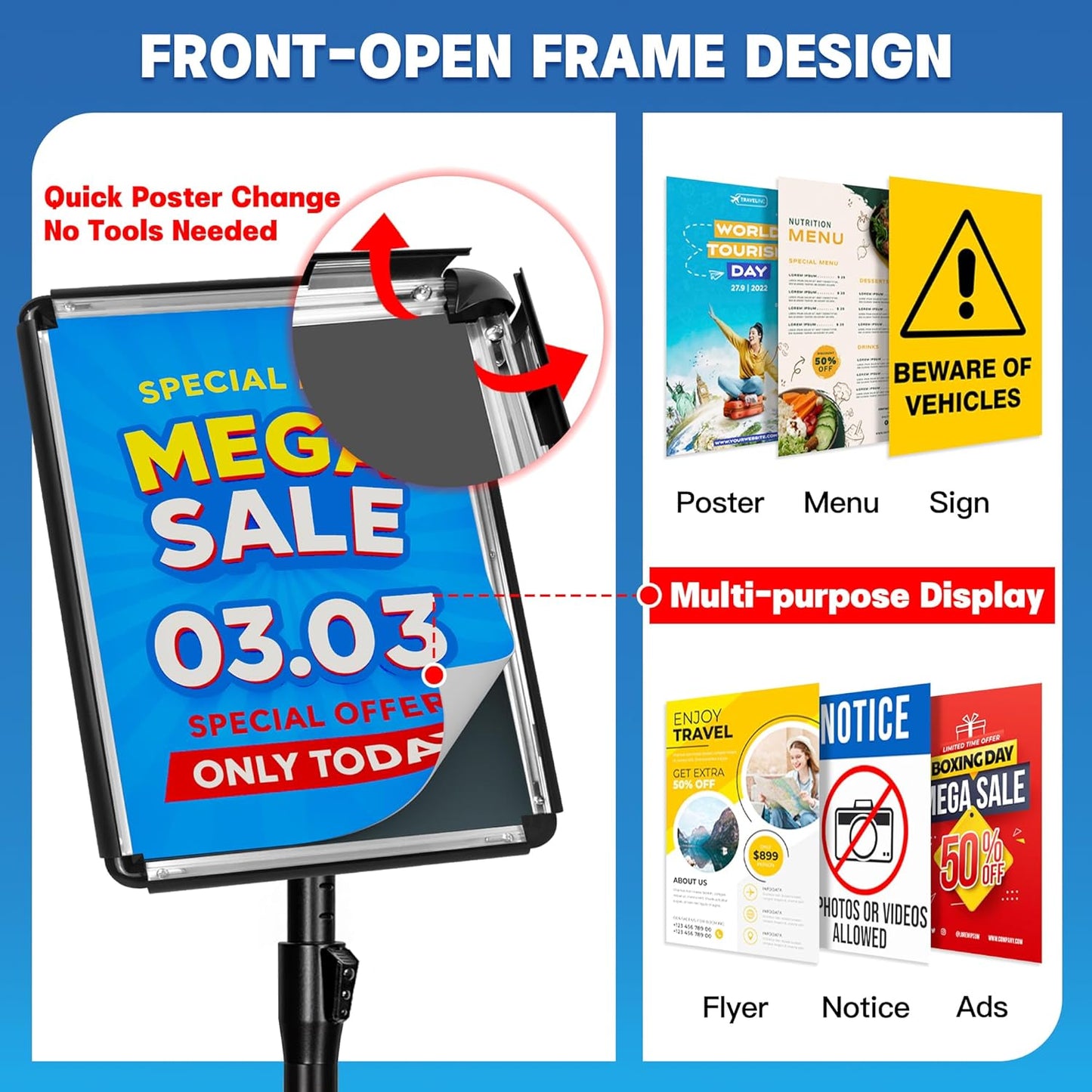 6 Pack Sign Stand for Display - Adjustable 8.5x11 Inch Floor Standing Sign Holder, Pedestal Poster Stand for Vertical&Horizontal View, Indoor&Outdoor Use for Business, Mall, Restaurant - Black